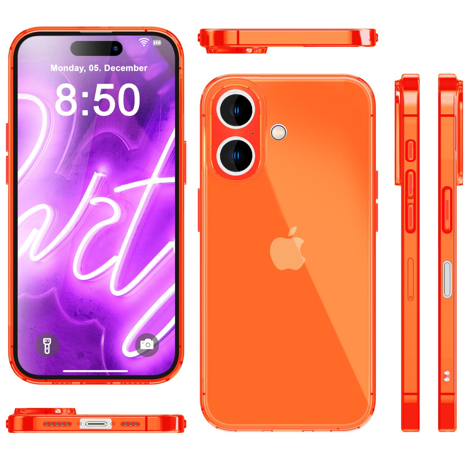 Eine orangefarbene Handyhülle auf weißem Hintergrund. Das iPhone wird auf dem Gehäuse angezeigt.