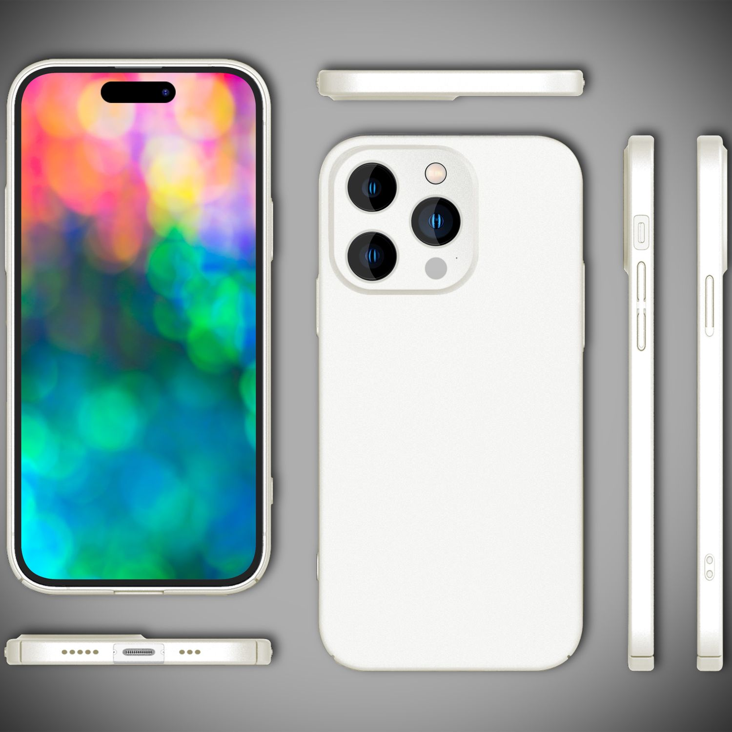 Funda blanca en un teléfono. La pantalla muestra un diseño colorido.