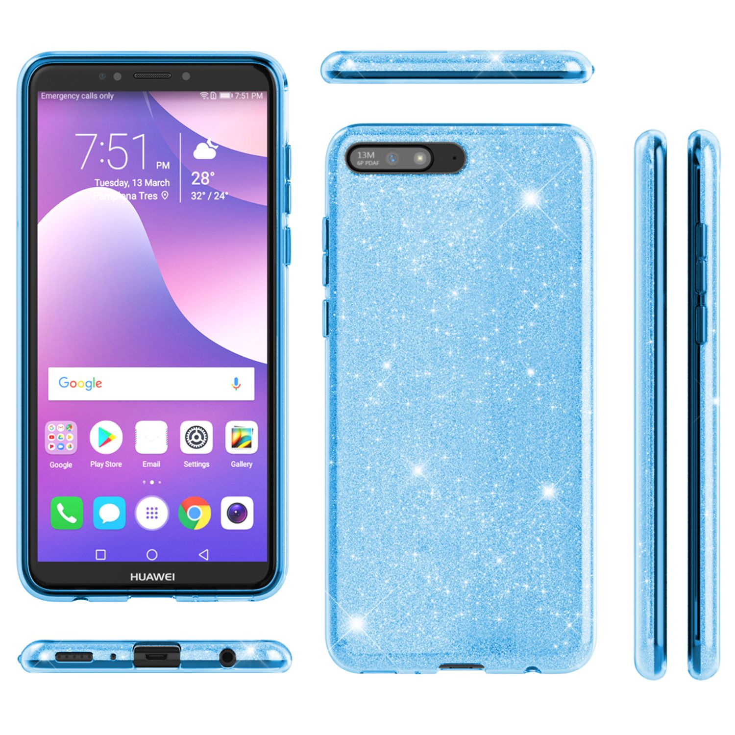 Blaues Telefon mit Glitzerhülle, zeigt Apps und Uhrzeit.