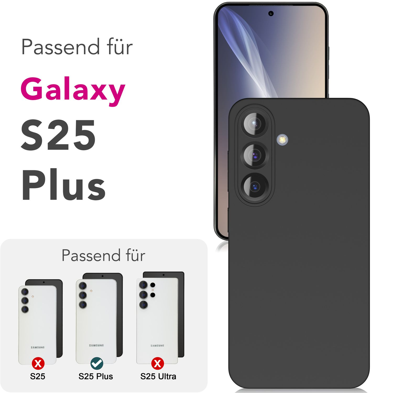 Schwarze Handyhülle auf einem Telefon. Diagramme zeigen, auf welche Telefone sie passt.