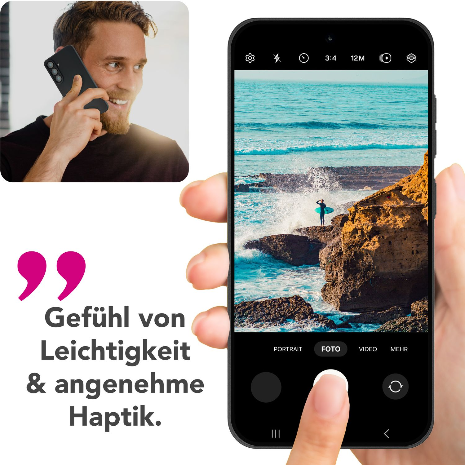 Mann telefoniert, hält ein Telefon mit einer schwarzen Handyhülle.