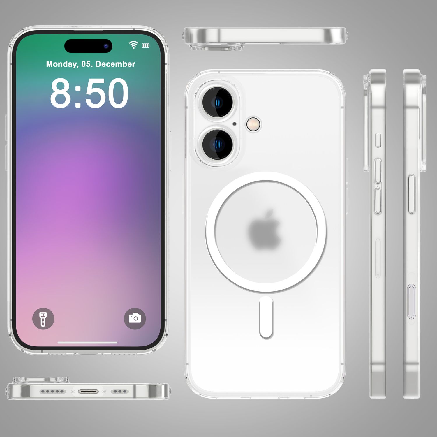 Klare Handyhülle auf einem iPhone. Mehrere Winkel gezeigt. Telefonbildschirm zeigt Datum und Uhrzeit.