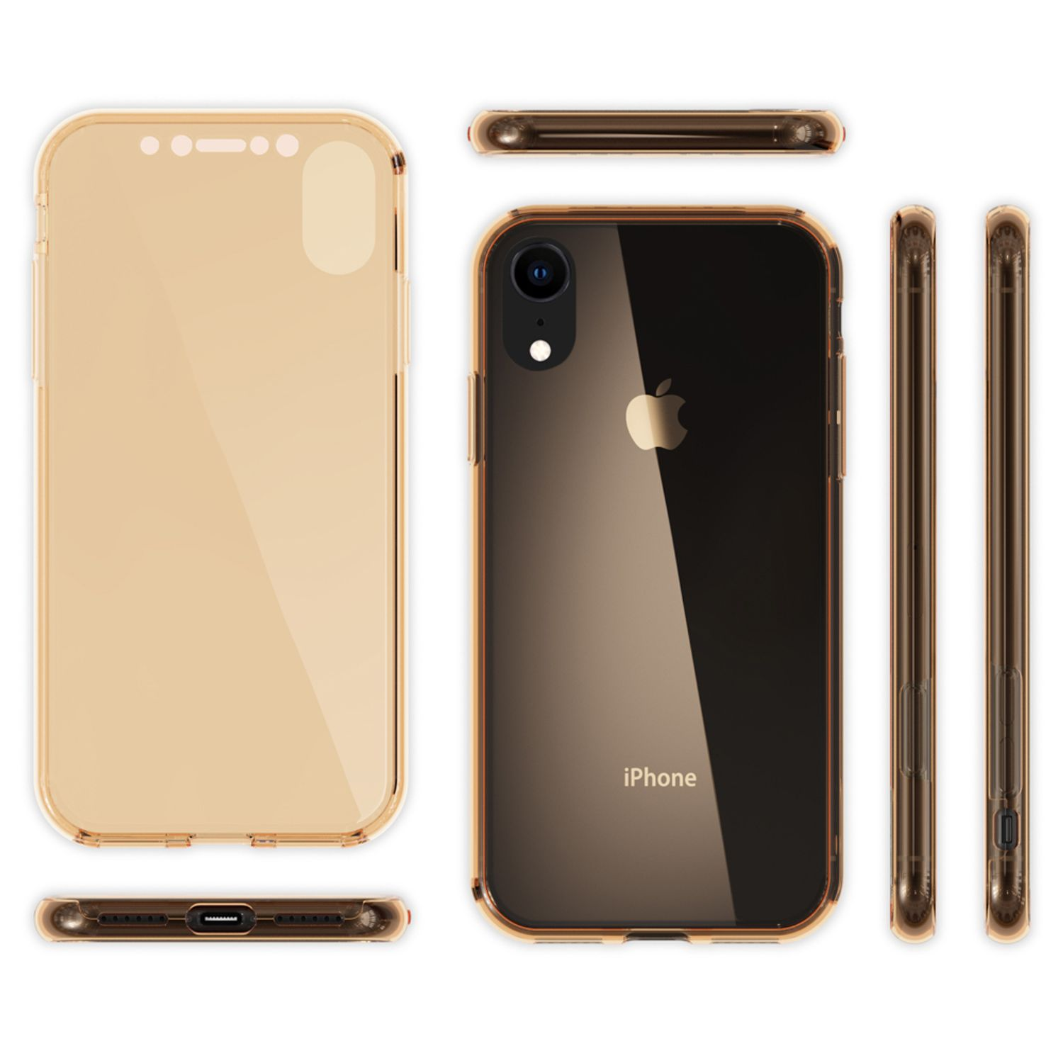 Transparente iPhone-Hülle. Mehrere Winkel gezeigt. Das Telefon befindet sich in der Hülle.