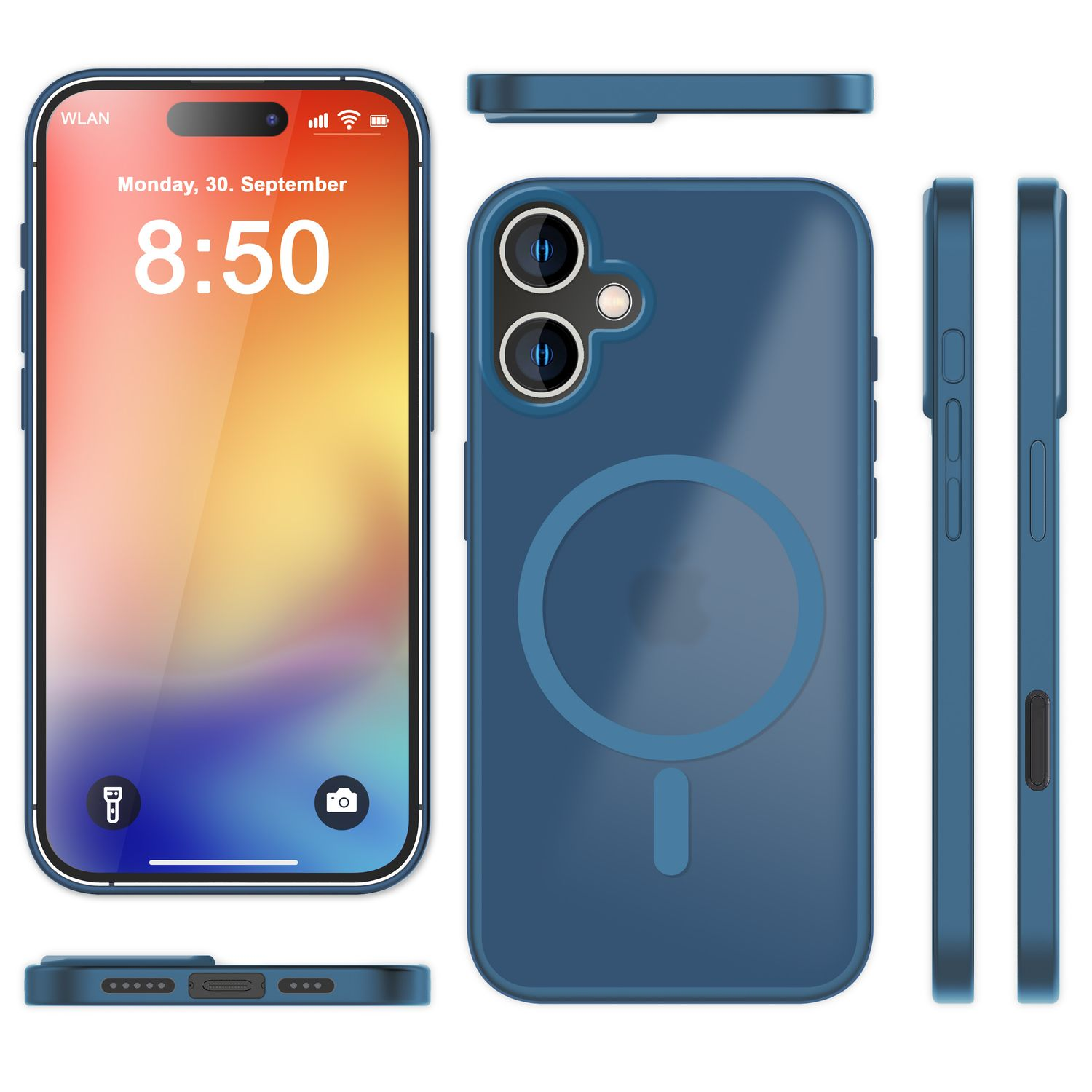 Blaue Handyhülle mit Telefon links. Zeigt Uhrzeit und Datum. Seitenansichten, Ober- und Unteransichten der Hülle.