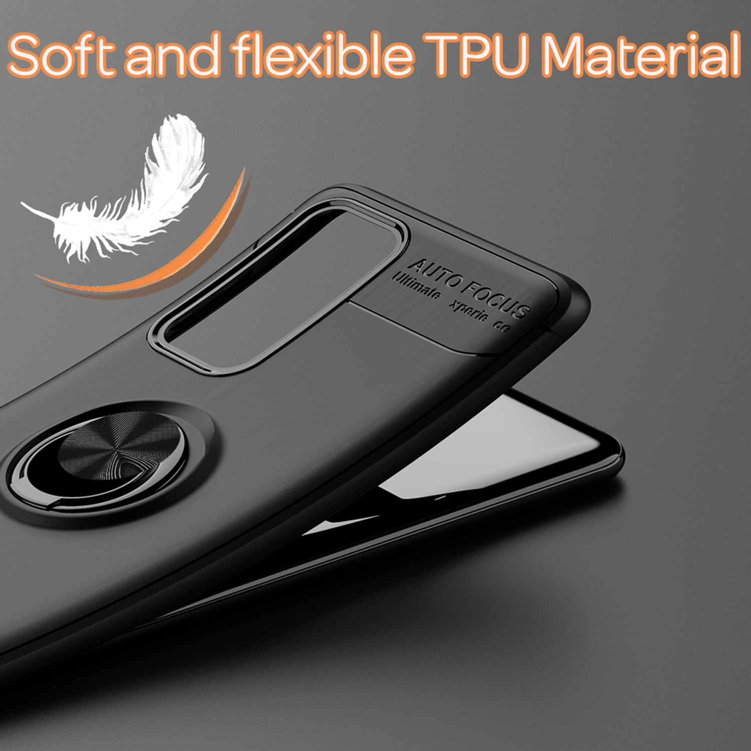 Schwarze Handyhülle mit Ringhalter, Federgrafik. Sagt 'Auto Focus' und 'Soft and flexible TPU Material'.