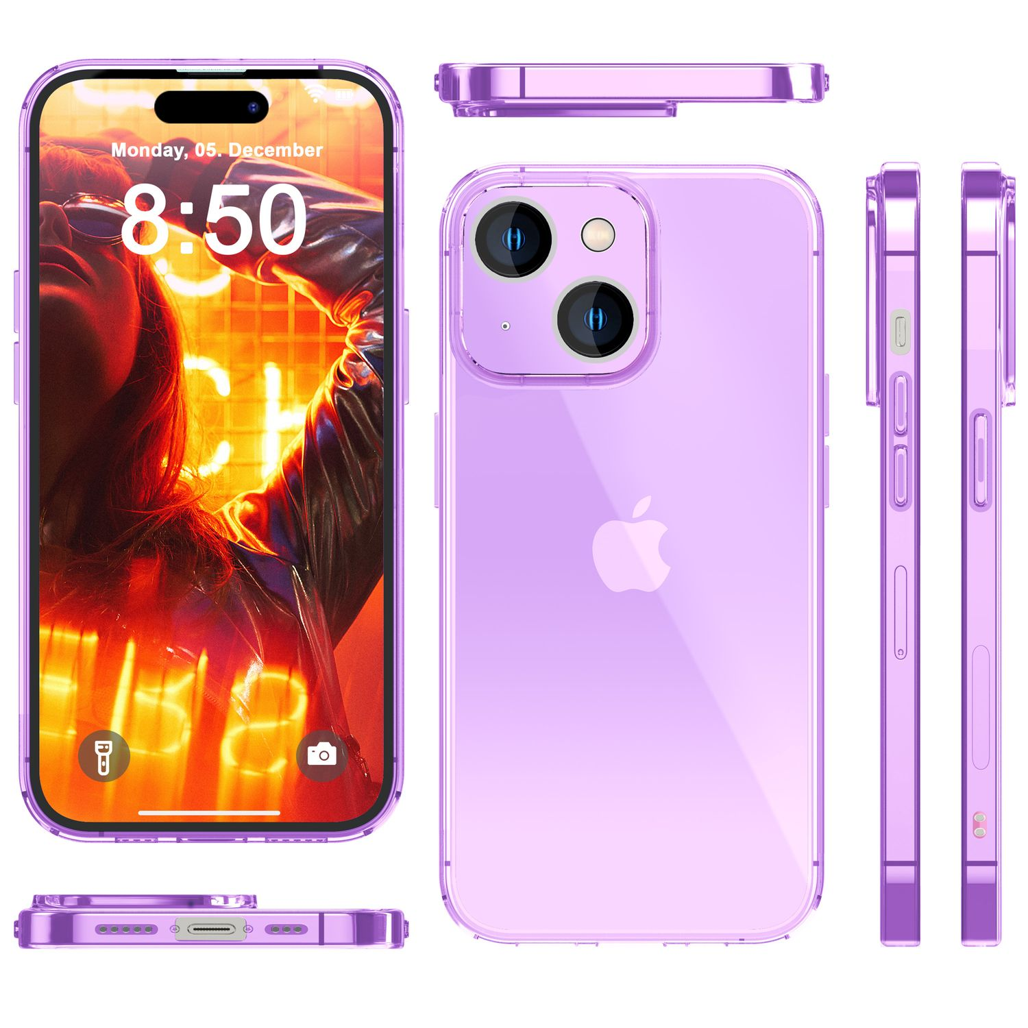 Funda de teléfono morada con teléfono a la izquierda. Muestra la hora y la fecha. Vistas laterales, superior e inferior de la funda.