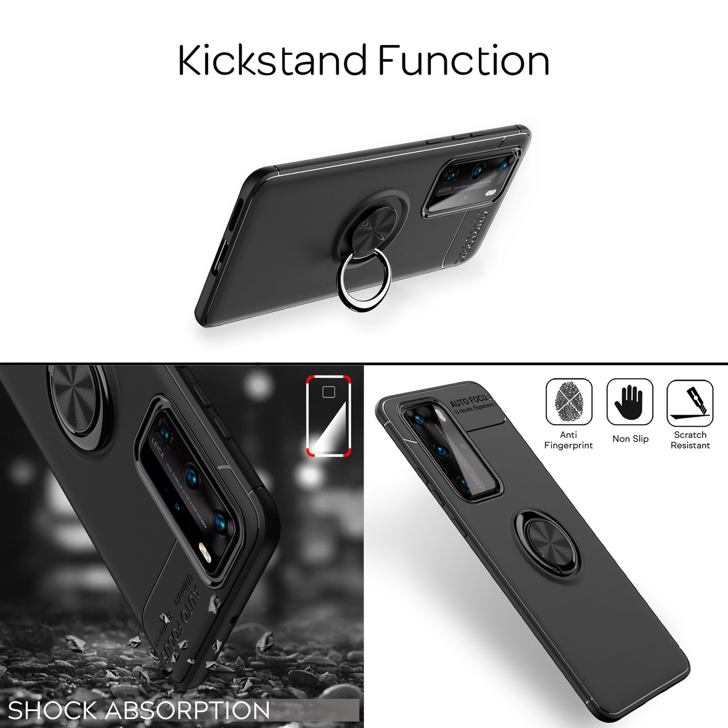 Schwarze Handyhülle mit Ringhalter. Text sagt 'Kickstand Function', 'Shock Absorption', 'Anti Fingerprint'.