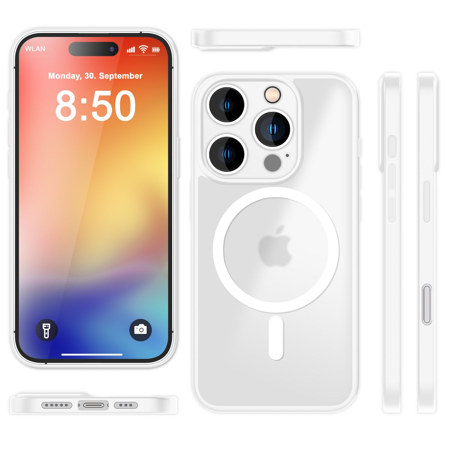Weiße Handyhülle mit Telefon links. Zeigt Uhrzeit und Datum. Seitenansichten, Ober- und Unteransichten der Hülle.