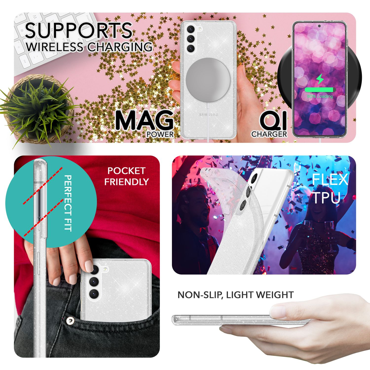Handyhülle mit Telefon und Zubehör. Text enthält 'Supports Wireless Charging', 'MAG POWER', 'QI CHARGER'.