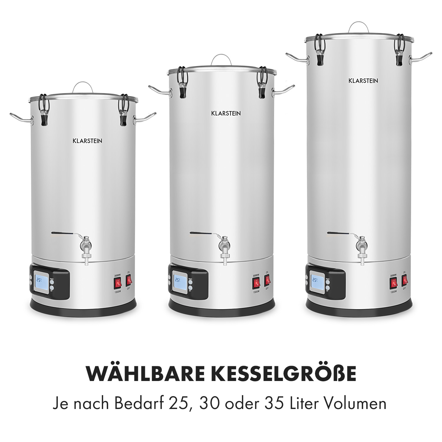 Drei silberne Klarstein Braukessel in verschiedenen Größen. Text sagt 'WÄHLBARE KESSEGRÖßE' und Volumenoptionen.