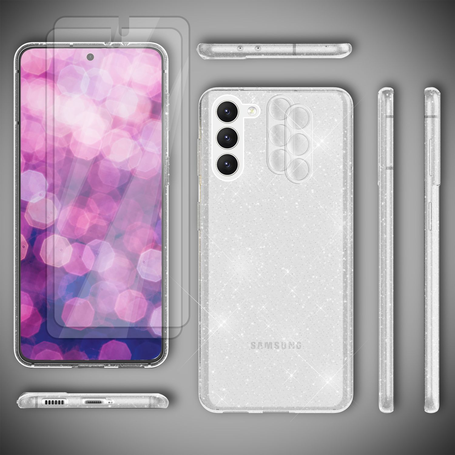 Eine Handyhülle mit Telefon, Seitenansichten, Ober- und Unteransichten der Hülle. Hülle hat ein glitzerndes Design.