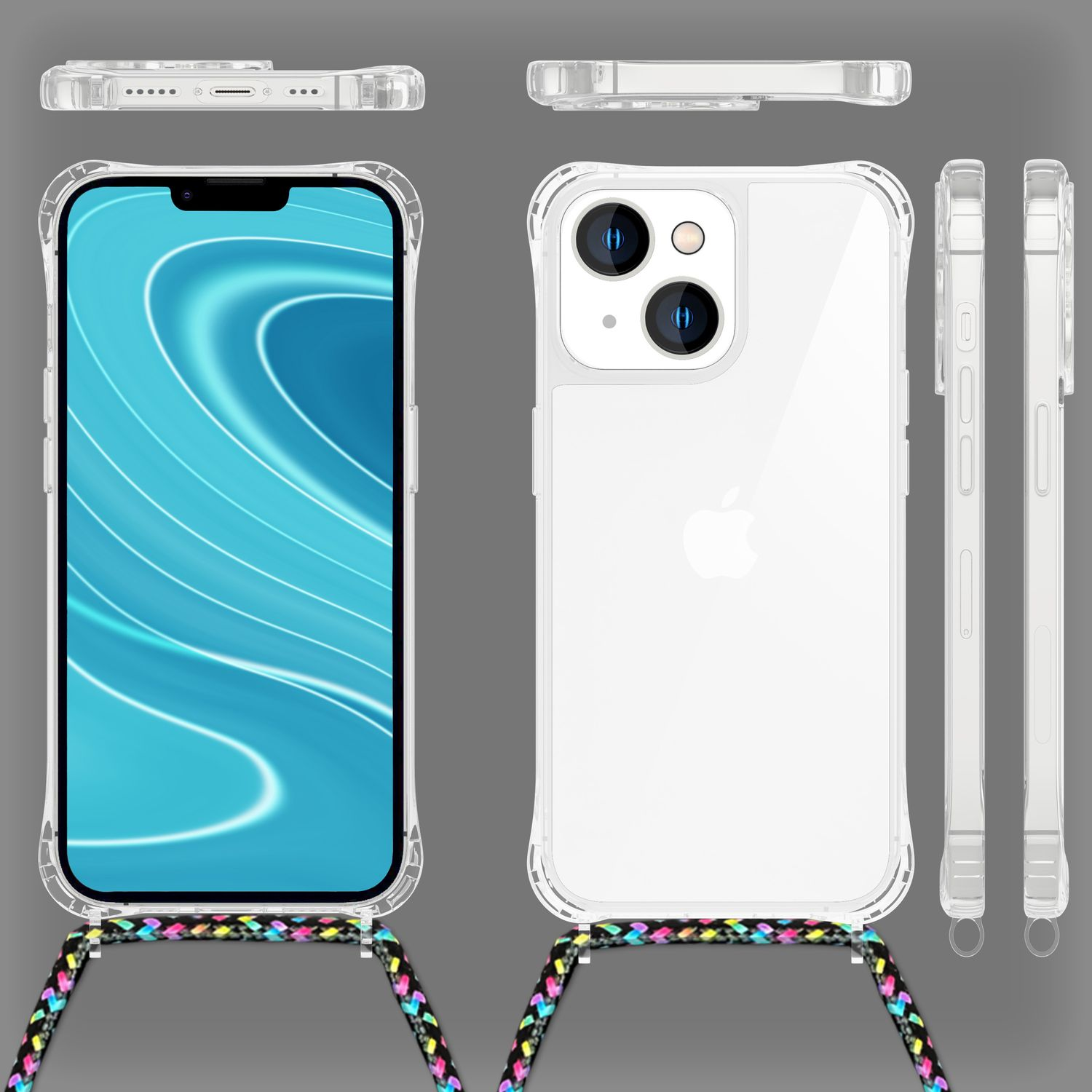 Funda de teléfono con un teléfono, vistas laterales. La funda es transparente con correa colorida. Dice 'Perfect Fit'.