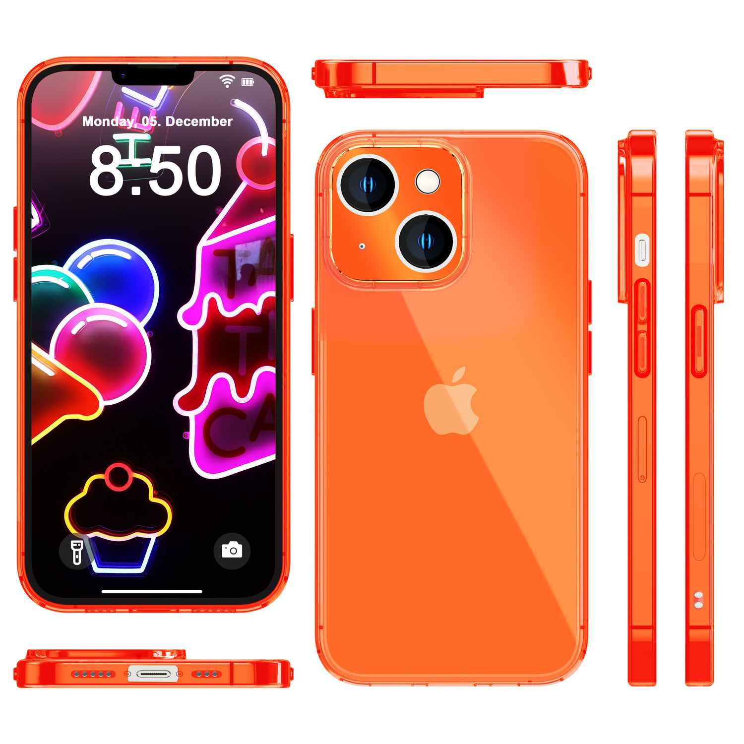 Funda de teléfono naranja con teléfono a la izquierda. Muestra la hora y la fecha. Vistas laterales, superior e inferior de la funda.
