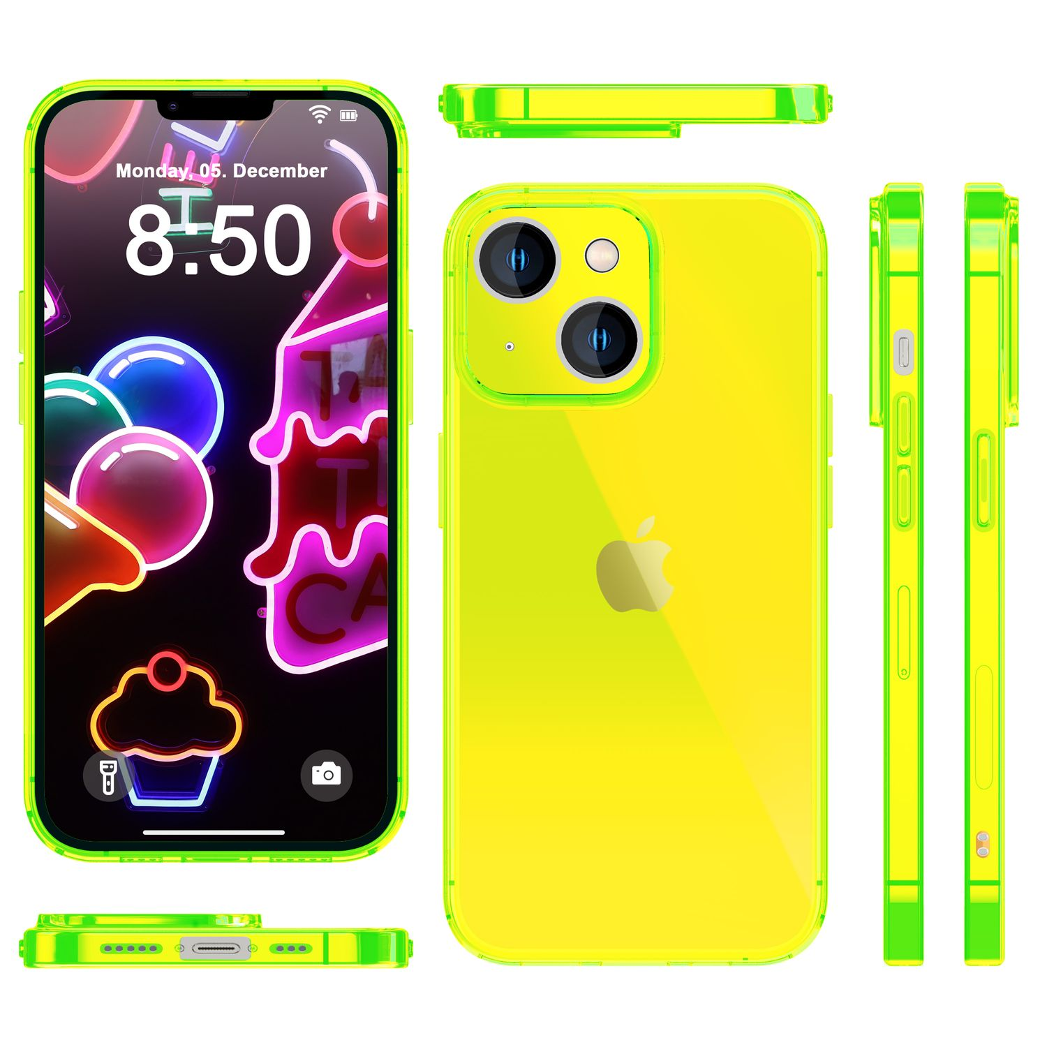 iPhone amarillo con bordes verde neón. La pantalla muestra una app con un icono de pastel.