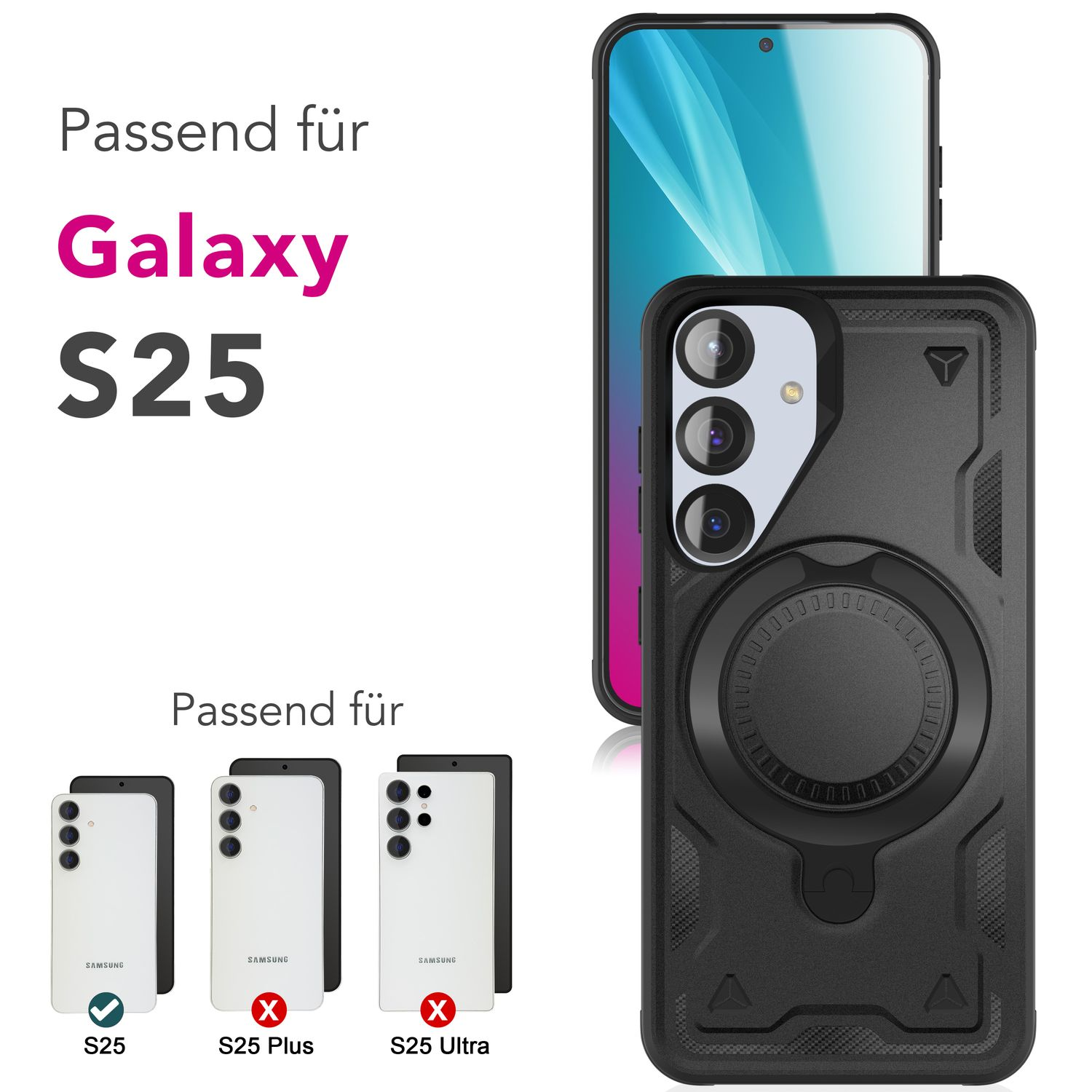 Schwarze Handyhülle mit Ringhalter, neben einem Handy. Text: Galaxy S25, S25 Plus und S25 Ultra Kompatibilität.