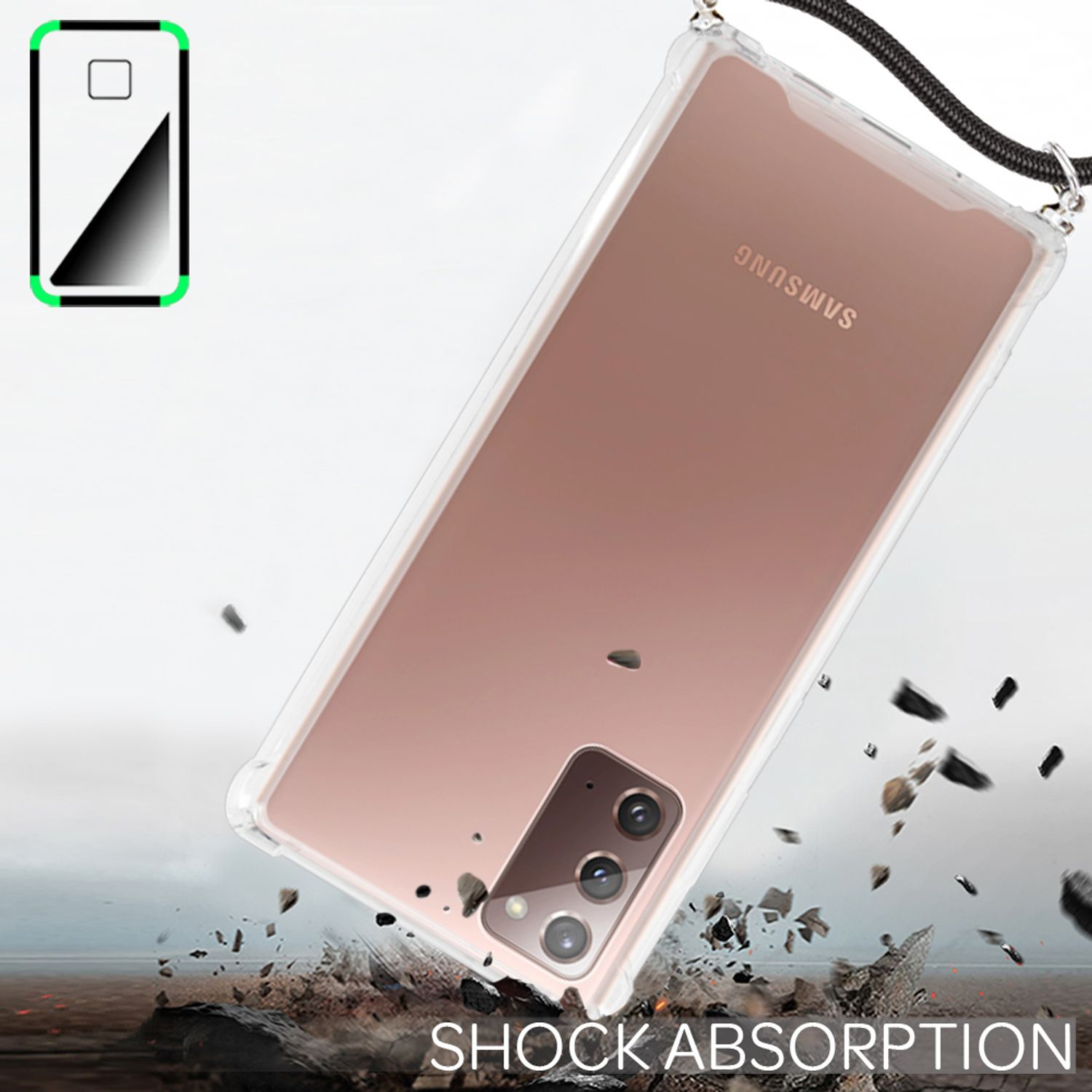 Transparente Handyhülle auf einem Telefon. Stoßabsorption wird beworben. Schwarzer Riemen.