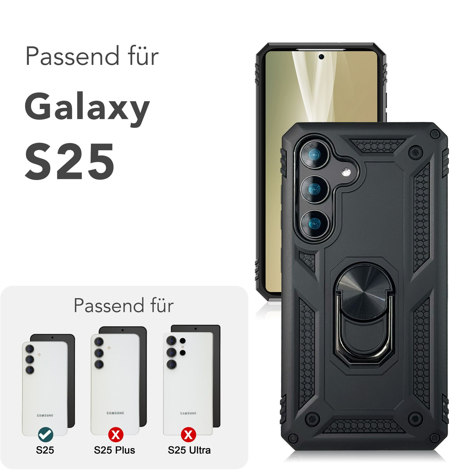 Schwarze Handyhülle mit Ring für Galaxy S25, mit Bildern von S25, S25 Plus, S25 Ultra.