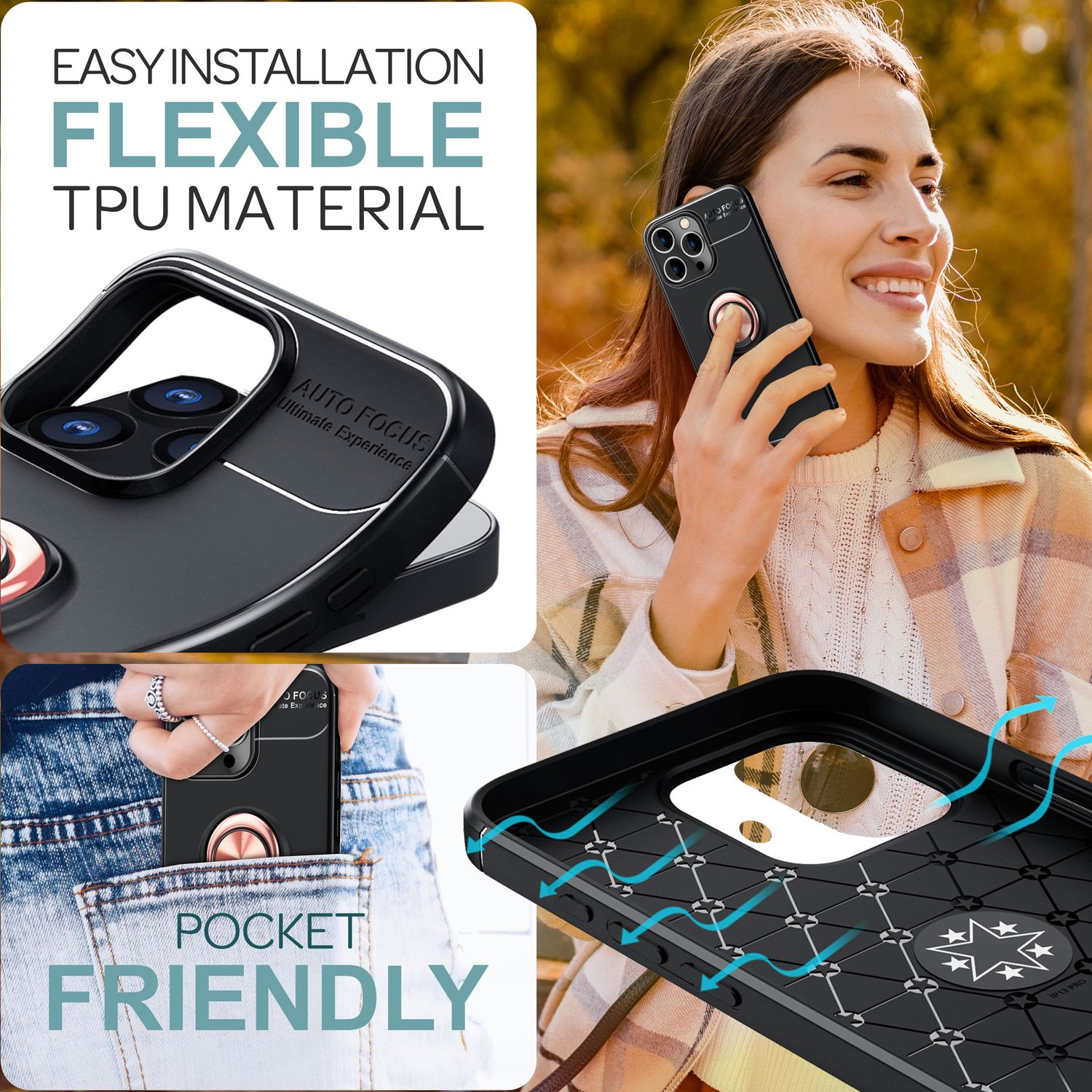 Frau hält Telefon mit schwarzer Hülle und Ringhalter. Text: Flexibles TPU-Material, taschenfreundlich.
