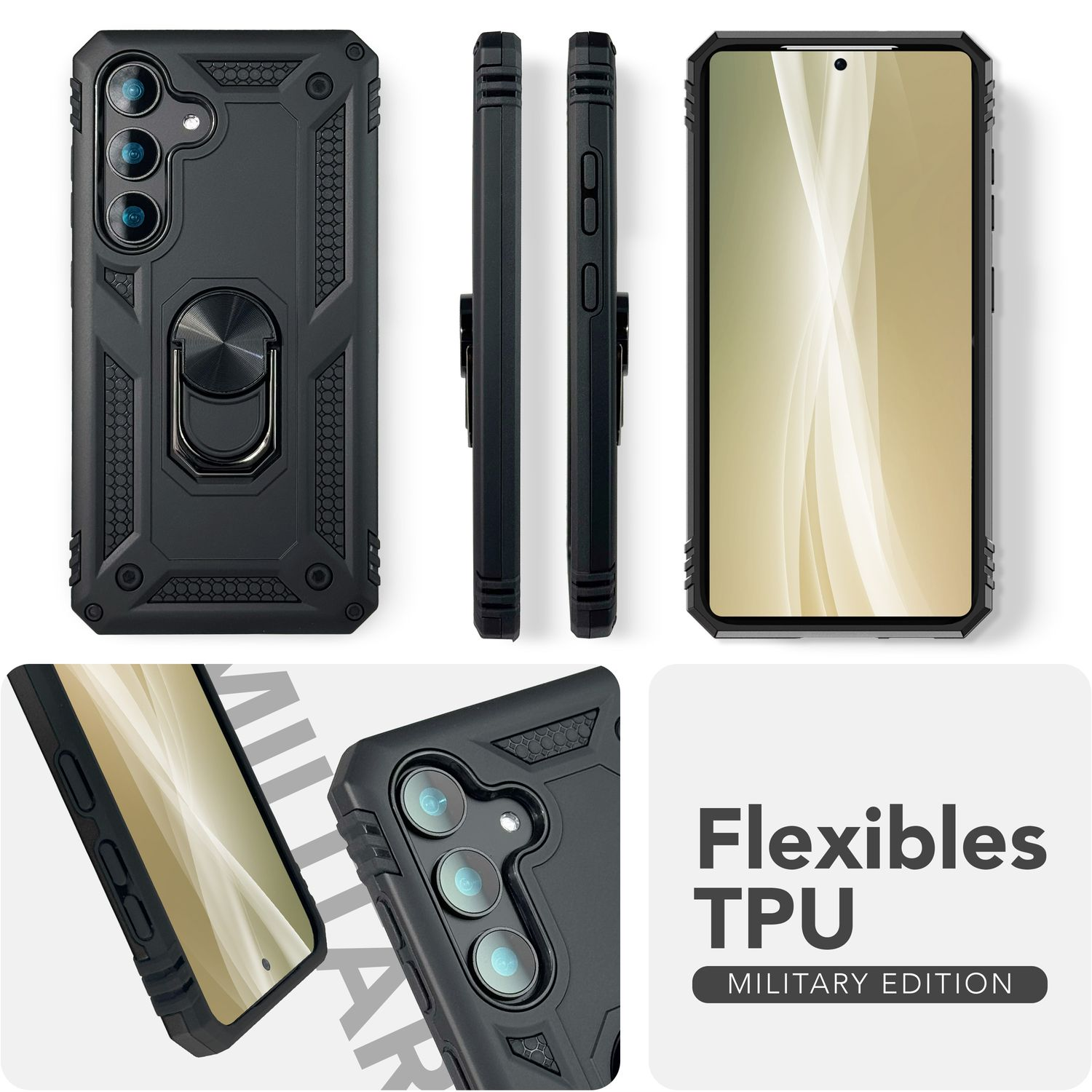 Schwarze Handyhülle mit Ringhalter. Mehrere Winkel zeigen die Hülle. Text: 'Flexibles TPU Military Edition'.