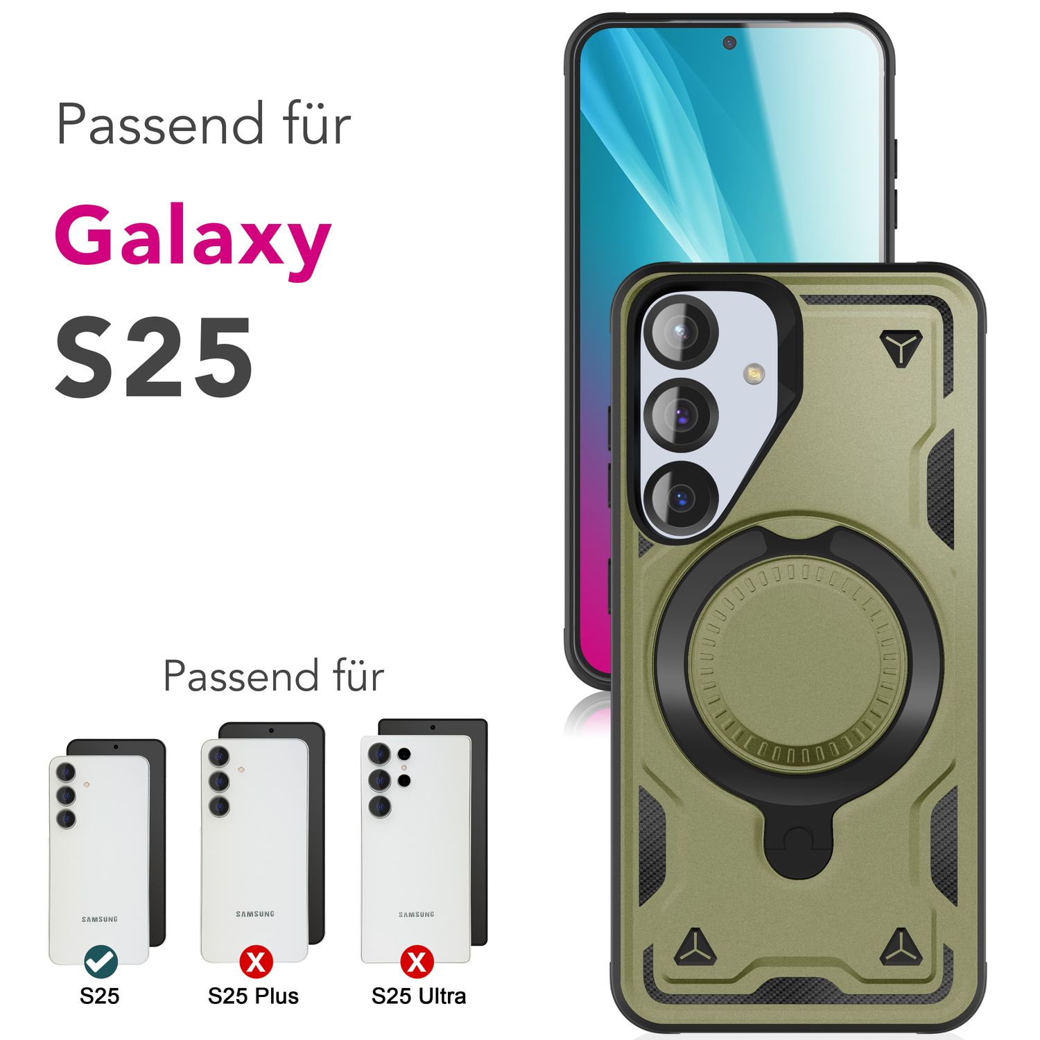 Grüne Handyhülle mit Ring für Galaxy S25, mit Bildern von S25, S25 Plus, S25 Ultra.