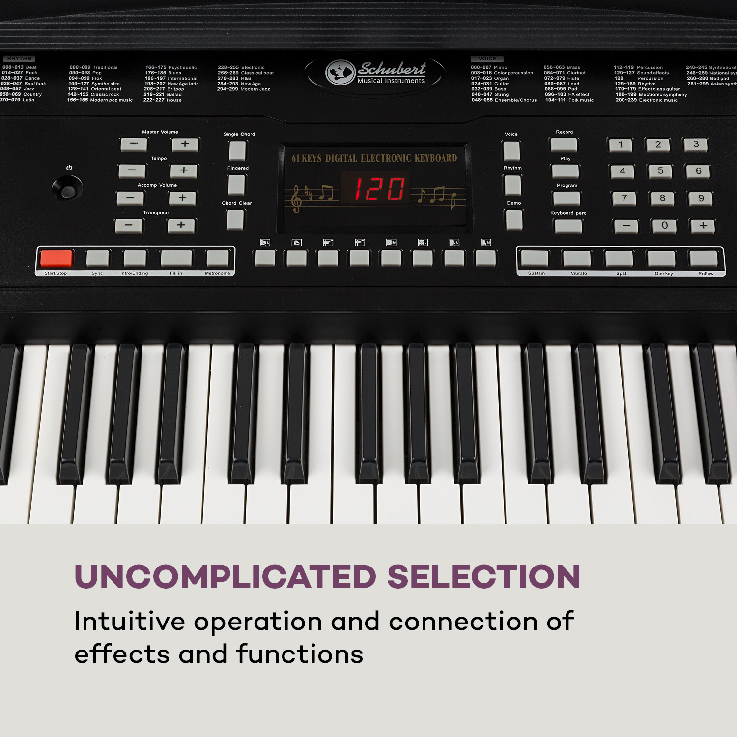 Elektronisches Keyboard. Schwarz mit weißen Tasten. Display zeigt 120. Text: 'Unkomplizierte Auswahl. Intuitive Bedienung'.