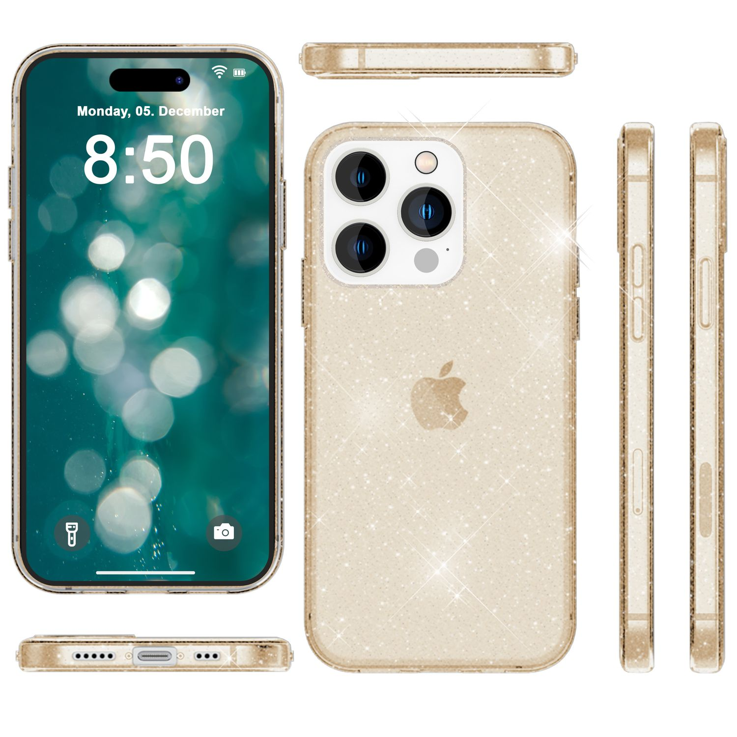 Handyhülle mit Glitzerdesign. Mehrere Winkel zeigen die Hülle und das Telefon darin. Der Telefonbildschirm ist eingeschaltet.