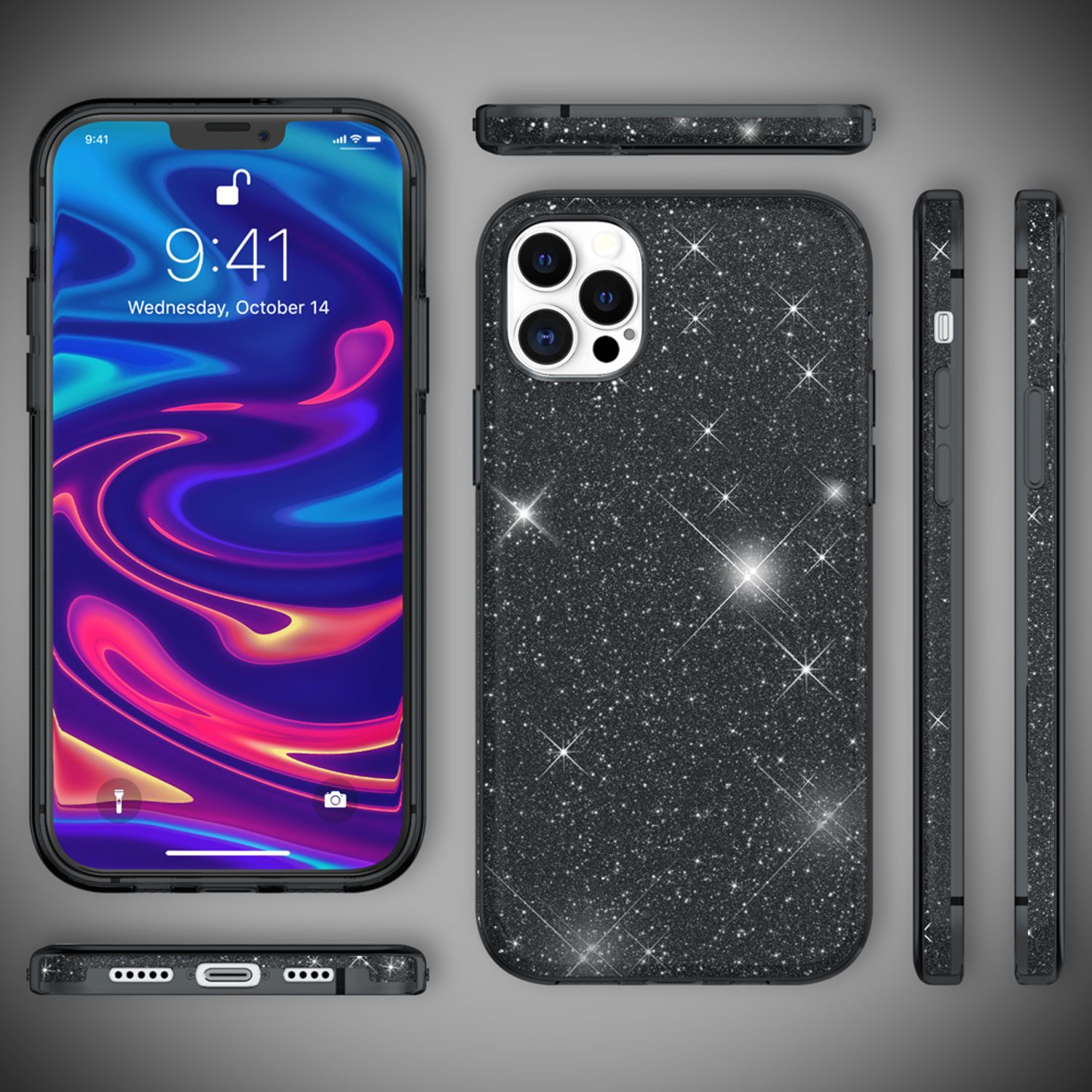 Handyhülle mit Glitzerdesign. Mehrere Winkel zeigen die Hülle und das Telefon darin. Der Telefonbildschirm zeigt eine farbenfrohe Anzeige.
