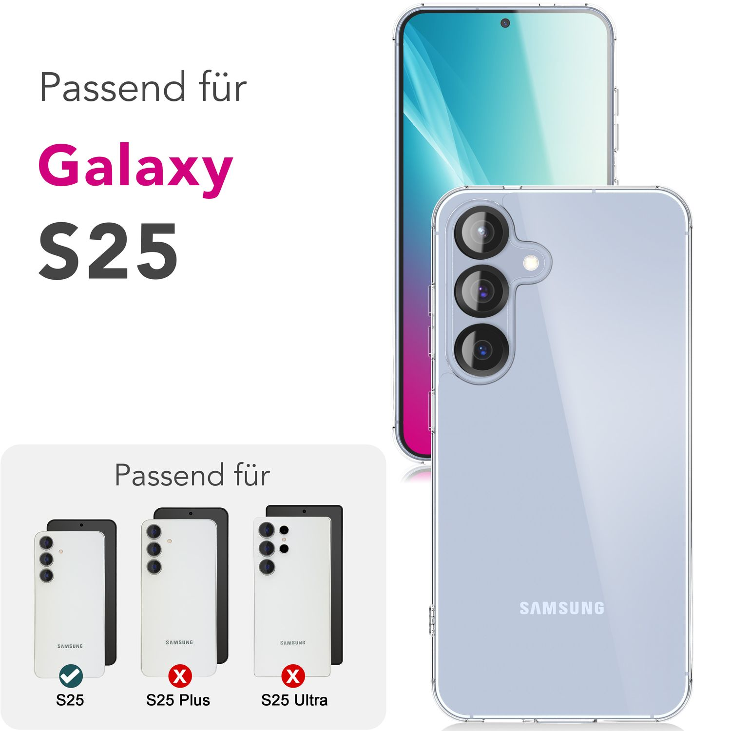 Galaxy S25 Handyhülle. Telefon und Hüllen abgebildet, Modell S25 grün markiert.