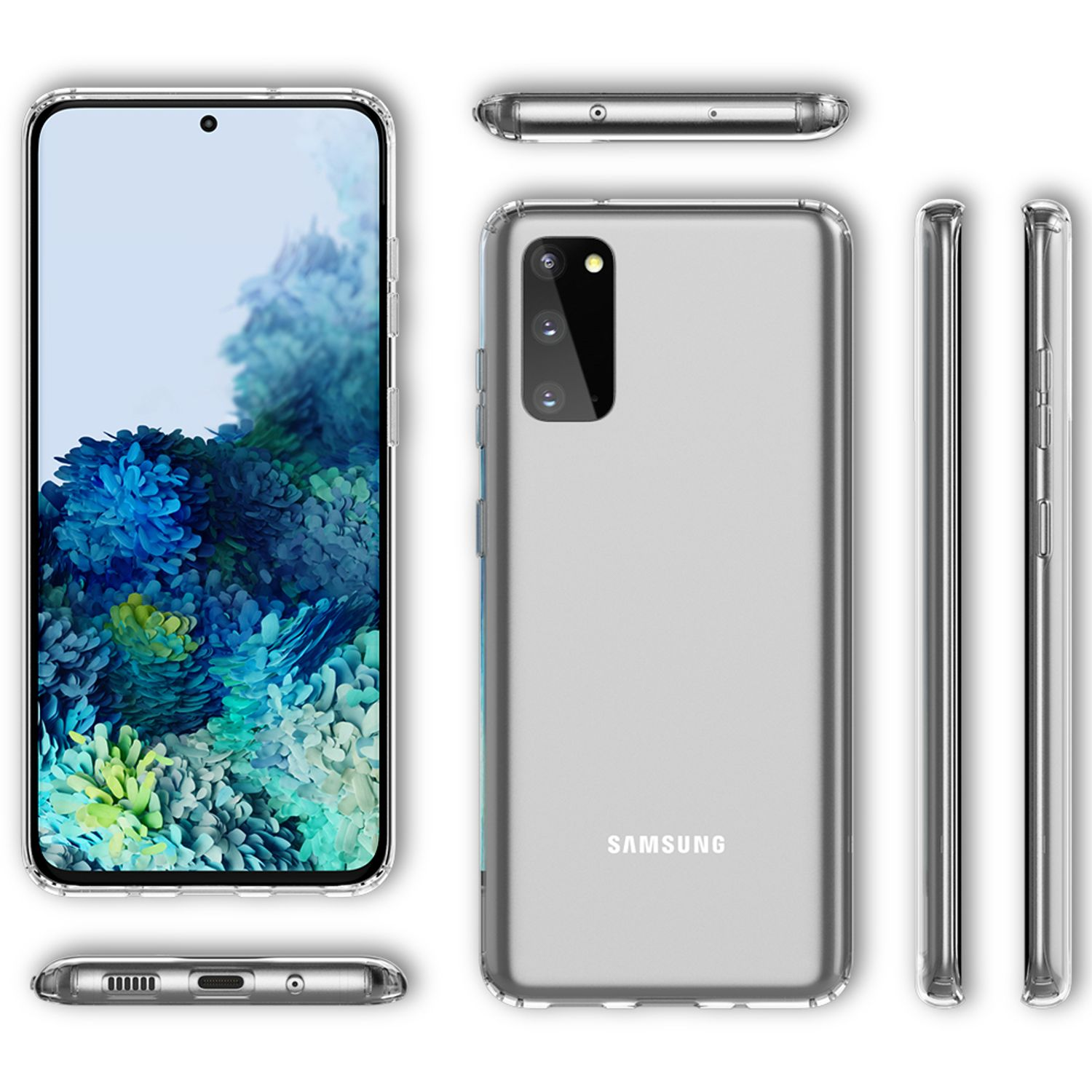 Mehrere Ansichten einer transparenten Handyhülle. Telefon ist sichtbar. Seiten- und Unteransichten werden ebenfalls gezeigt.