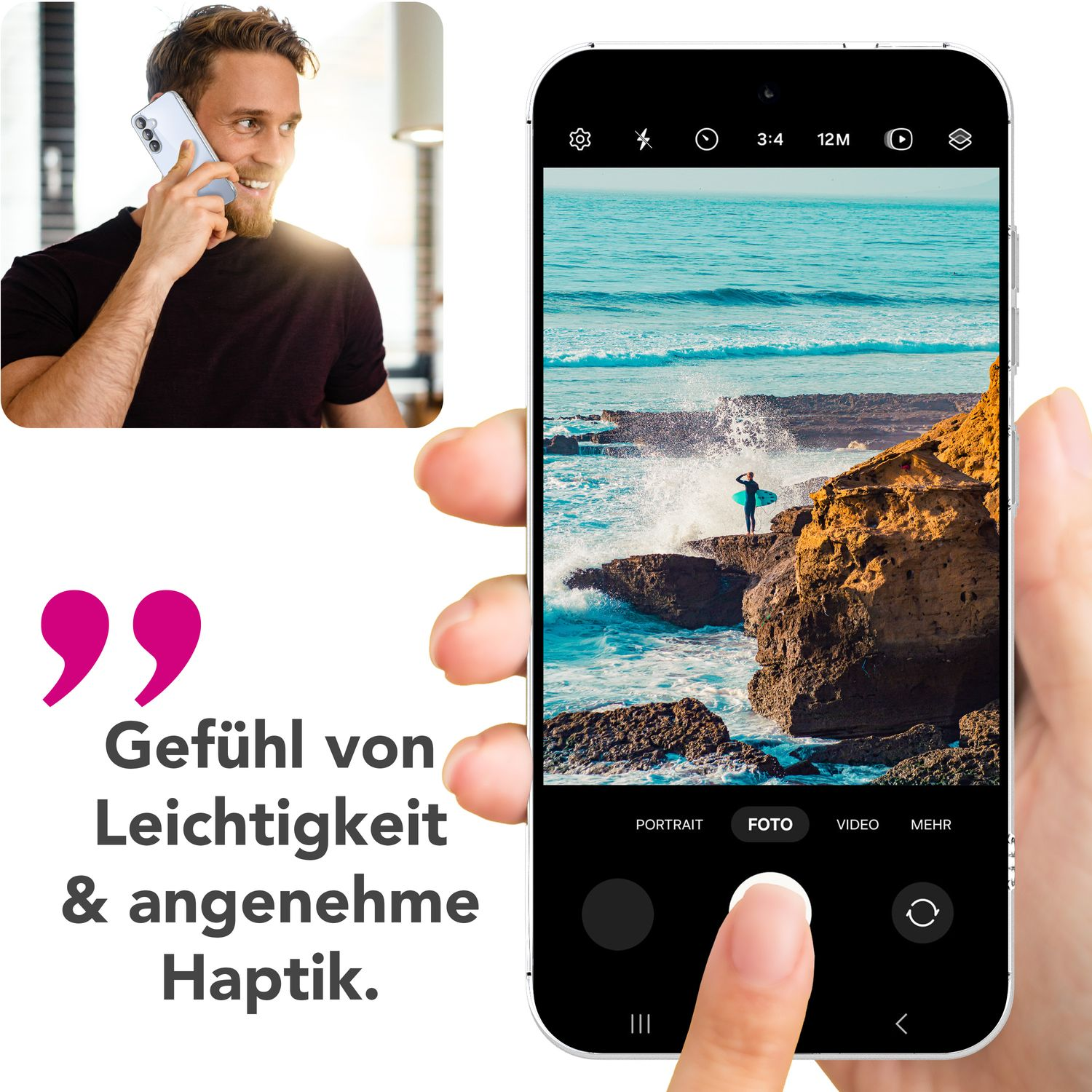 Mann am Telefon. Ein Mann mit Telefon am Ohr, und eine Telefonbildschirmansicht.