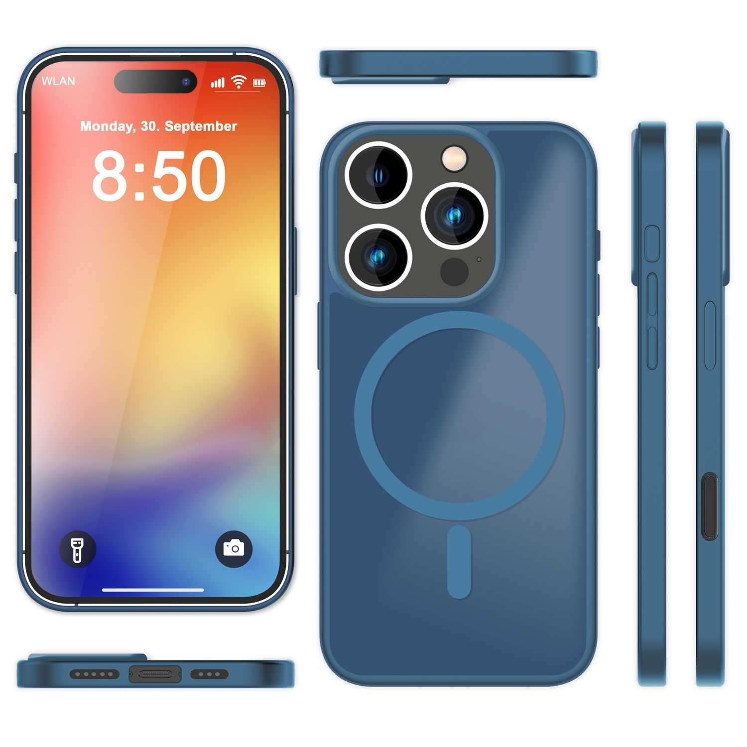 Blaue Handyhülle mit Ringmagnet, Telefon zeigt Zeit, Seitenansichten.