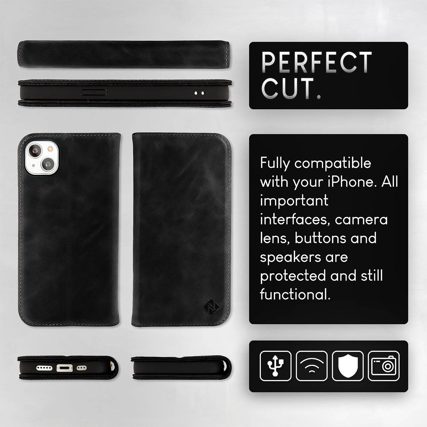 Schwarze Leder-Handyhülle für iPhone. Mehrere Ansichten: offen, geschlossen, mit Symbolen und Kameraschutz.