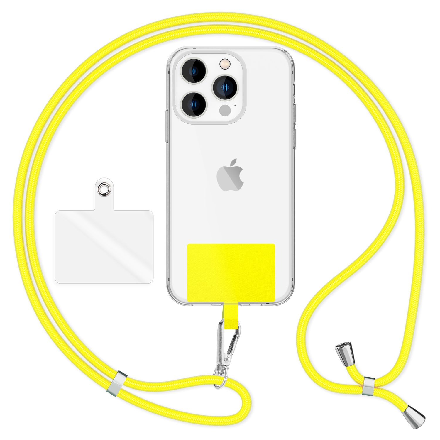 Funda transparente con cordón amarillo. Parche cuadrado y detalles de fijación del cordón.