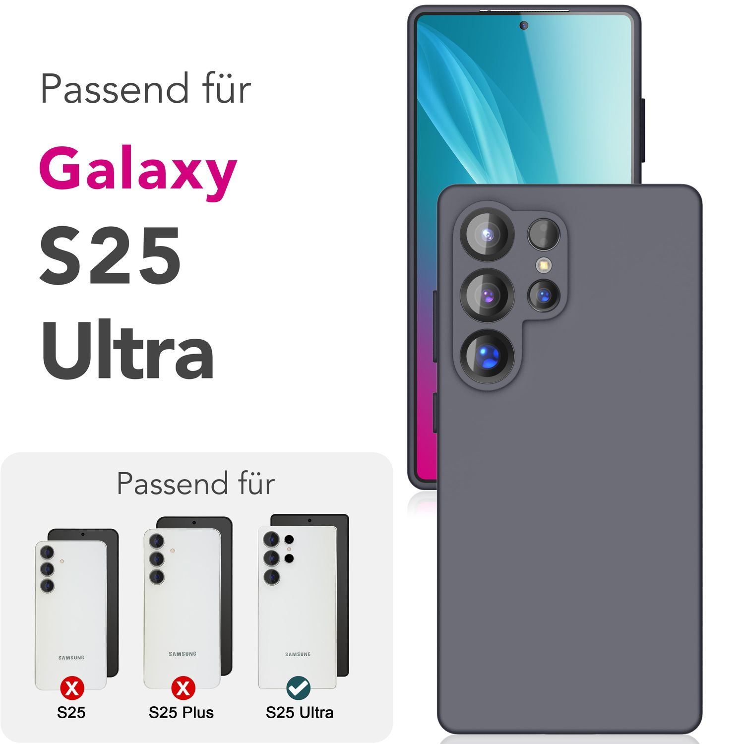 Galaxy S25 Ultra Handyhülle. Telefon und Hüllen abgebildet, Modell S25 Ultra grün markiert.