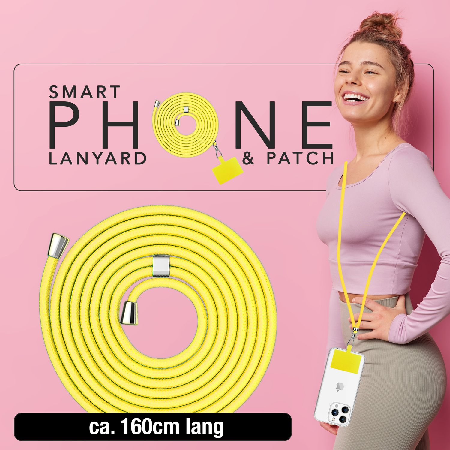 Una mujer con un cordón para teléfono amarillo, con el texto Smart Phone Lanyard & Patch, aprox. 160cm de largo.