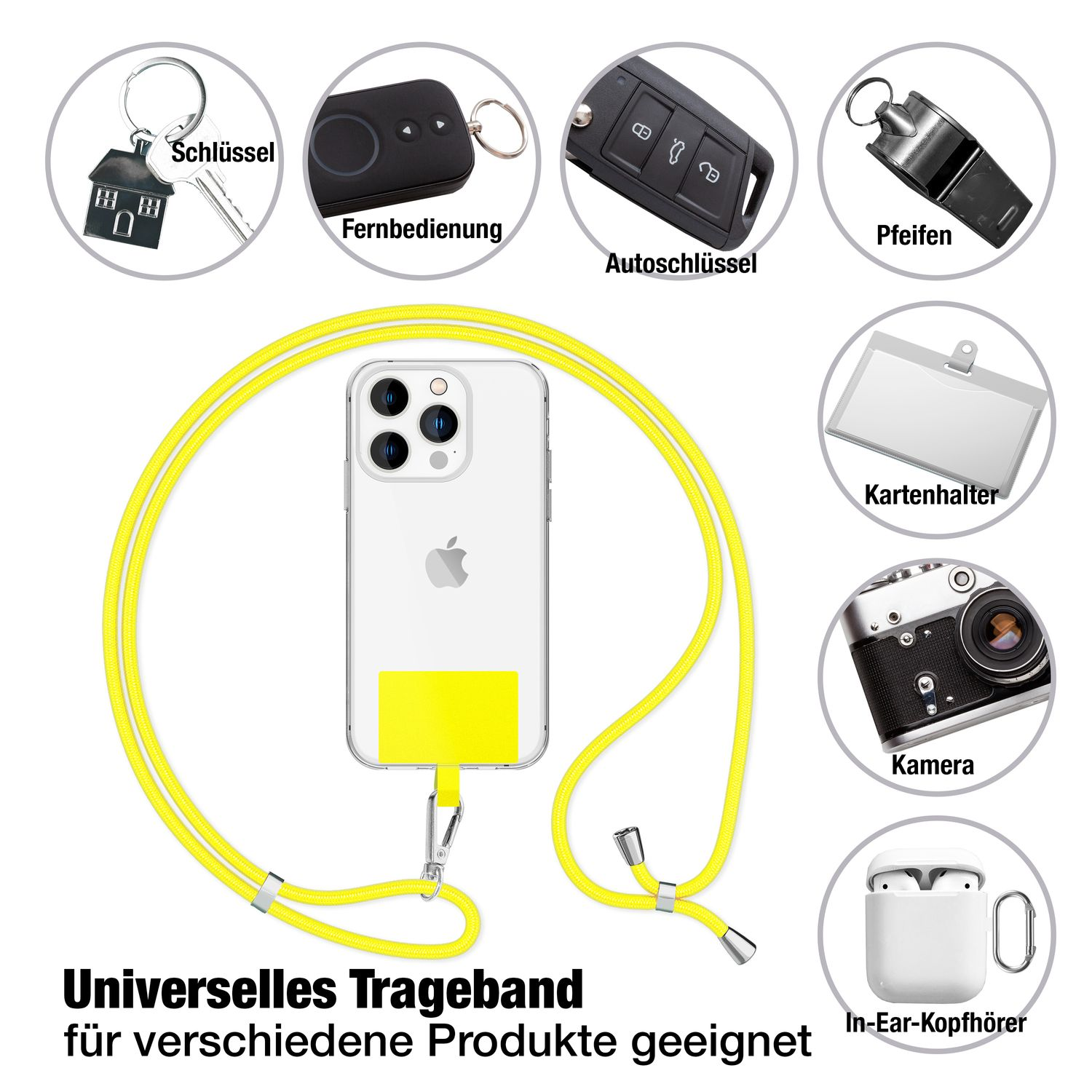 Un teléfono con un cordón, junto a llaves, un mando a distancia, una llave de coche, un silbato, un tarjetero, una cámara y auriculares.