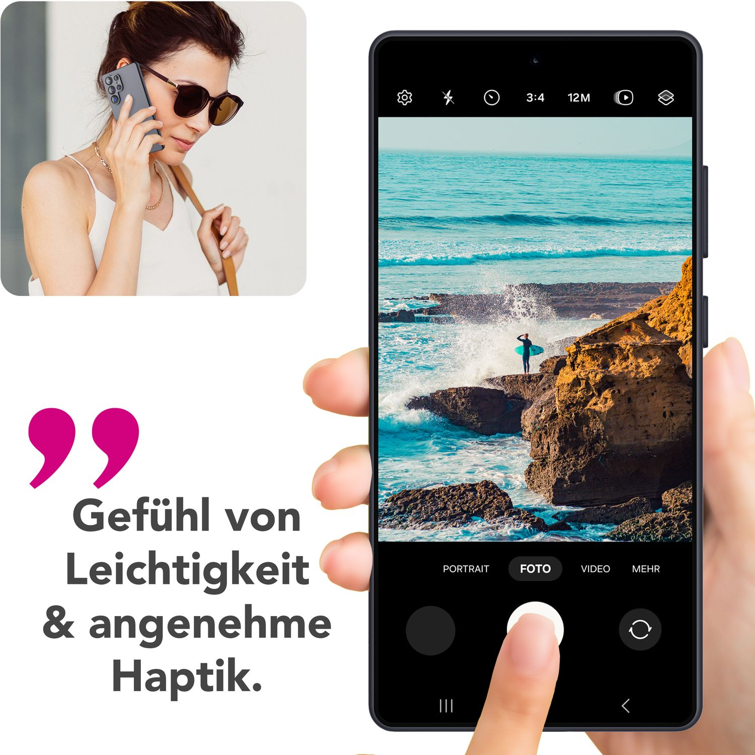 Frau hält schwarzes Telefon, fotografiert Strand und Felsen. Text: Gefühl von Leichtigkeit & angenehme Haptik.