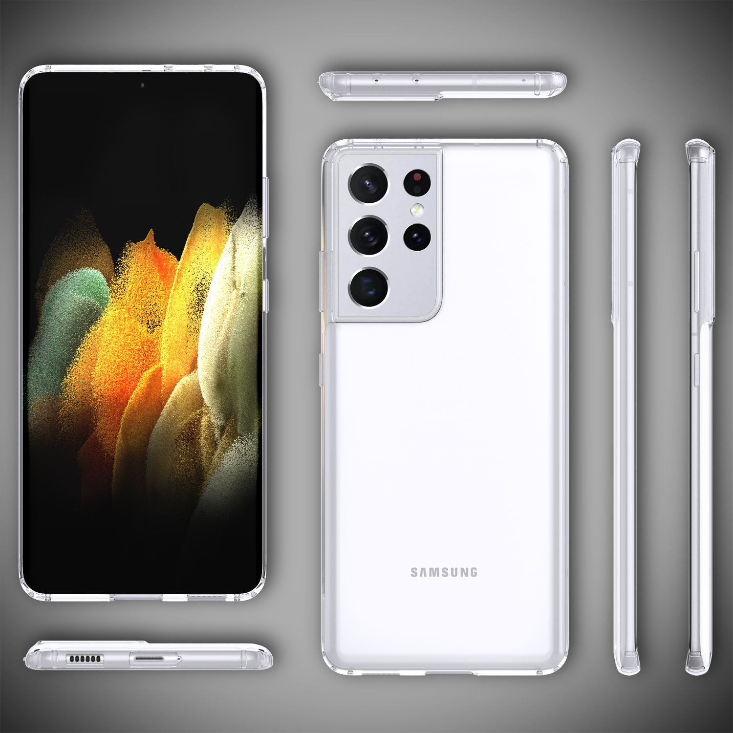 Transparente Handyhülle auf einem schwarzen Telefon, verschiedene Winkel. Samsung-Branding sichtbar.