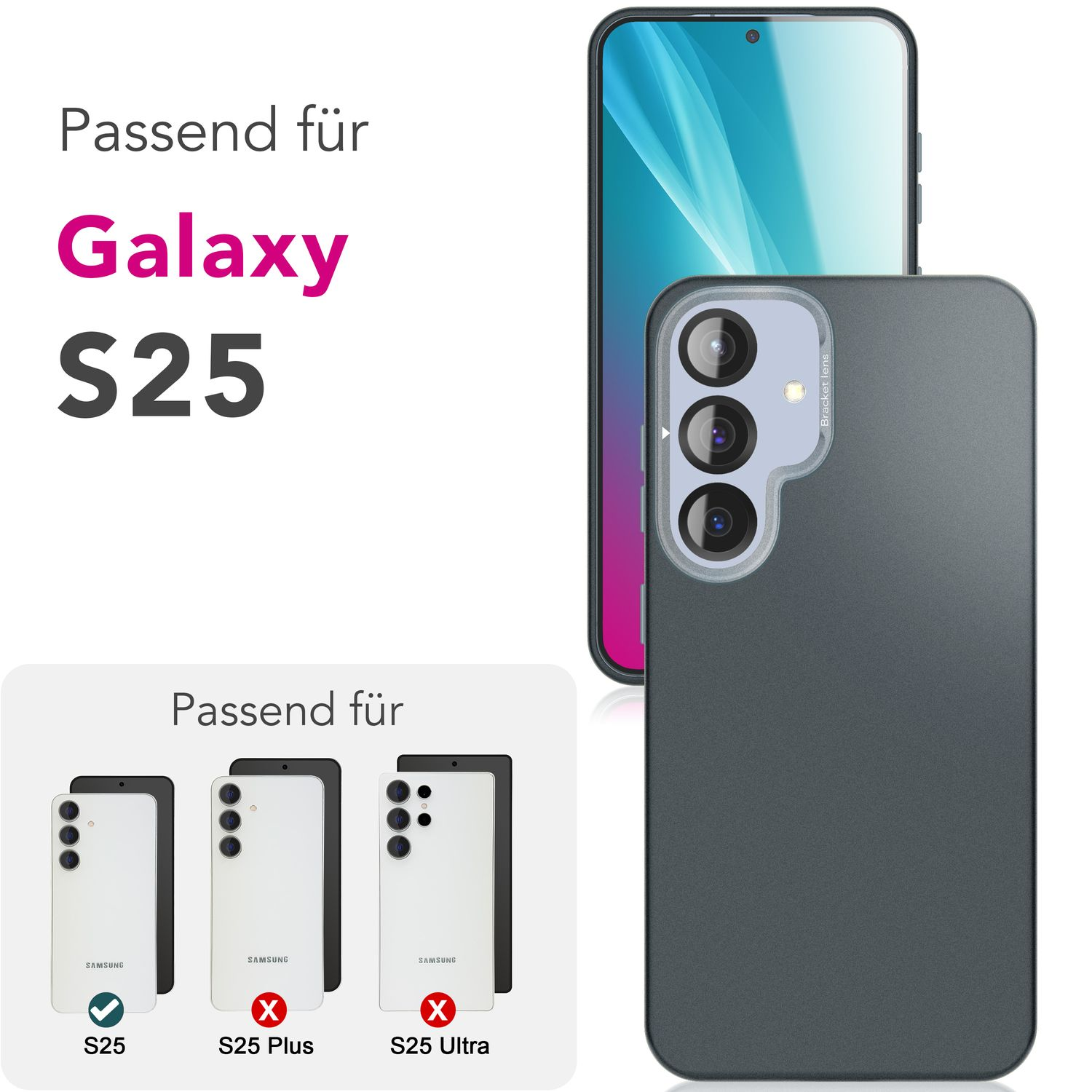 Funda gris con tres cámaras. Texto: Adecuado para Galaxy S25. Se muestra S25, S25 Plus y S25 Ultra.