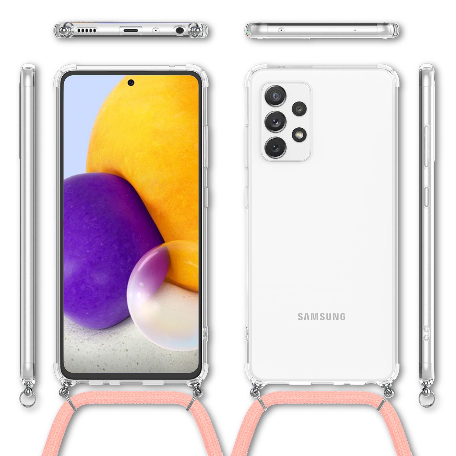 Custodia trasparente con cordino rosa, mostrata da più angolazioni. Telefono con giallo e viola.