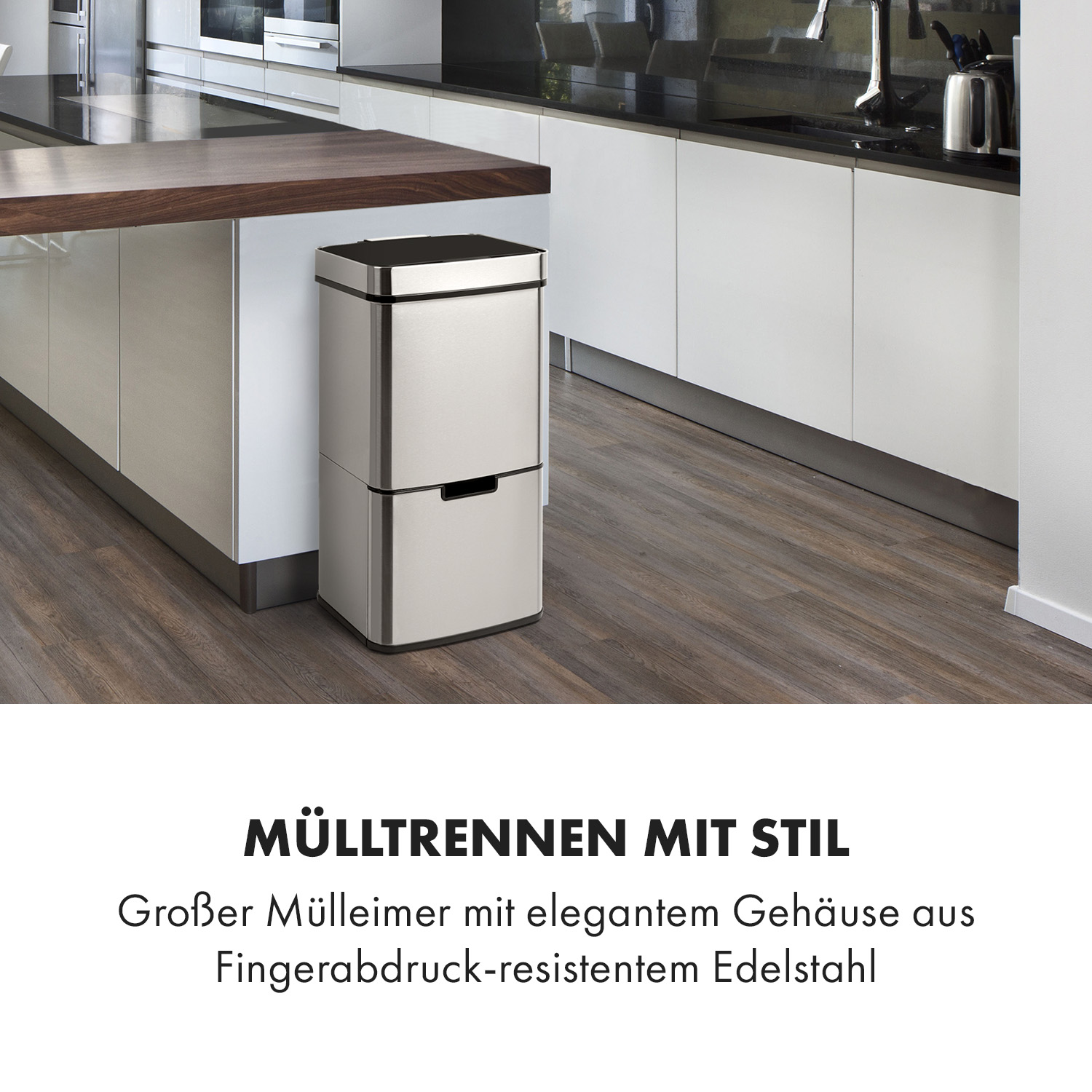Edelstahl-Mülleimer mit zwei Fächern, auf Holzboden. Text: Sortieren mit Stil.