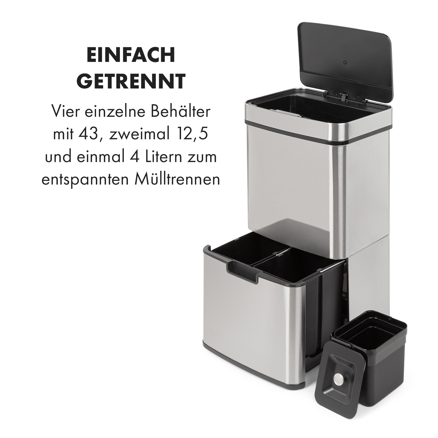 Mülleimer mit mehreren Fächern, Edelstahl. Text: Einfache Trennung, vier Behälter.