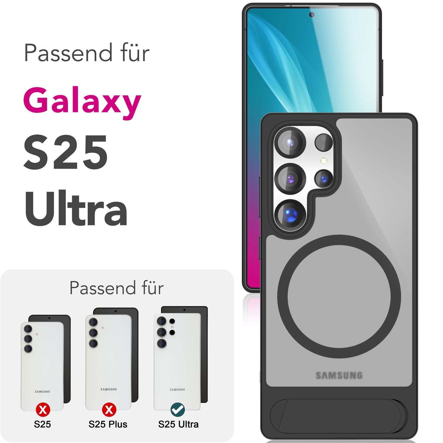 Handyhülle für Galaxy S25 Ultra. Zeigt Telefon und Hüllen mit S25, S25 Plus und S25 Ultra Kompatibilität.