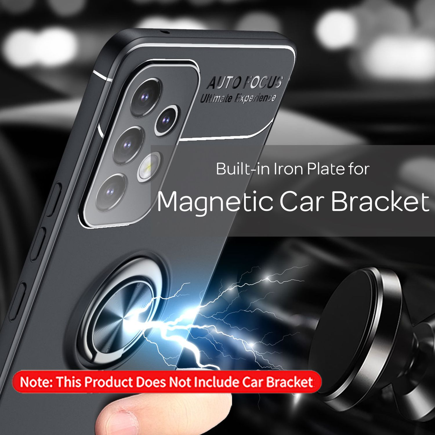 Custodia nera per telefono con anello magnetico e testo 'Built-in Iron Plate' visibile.