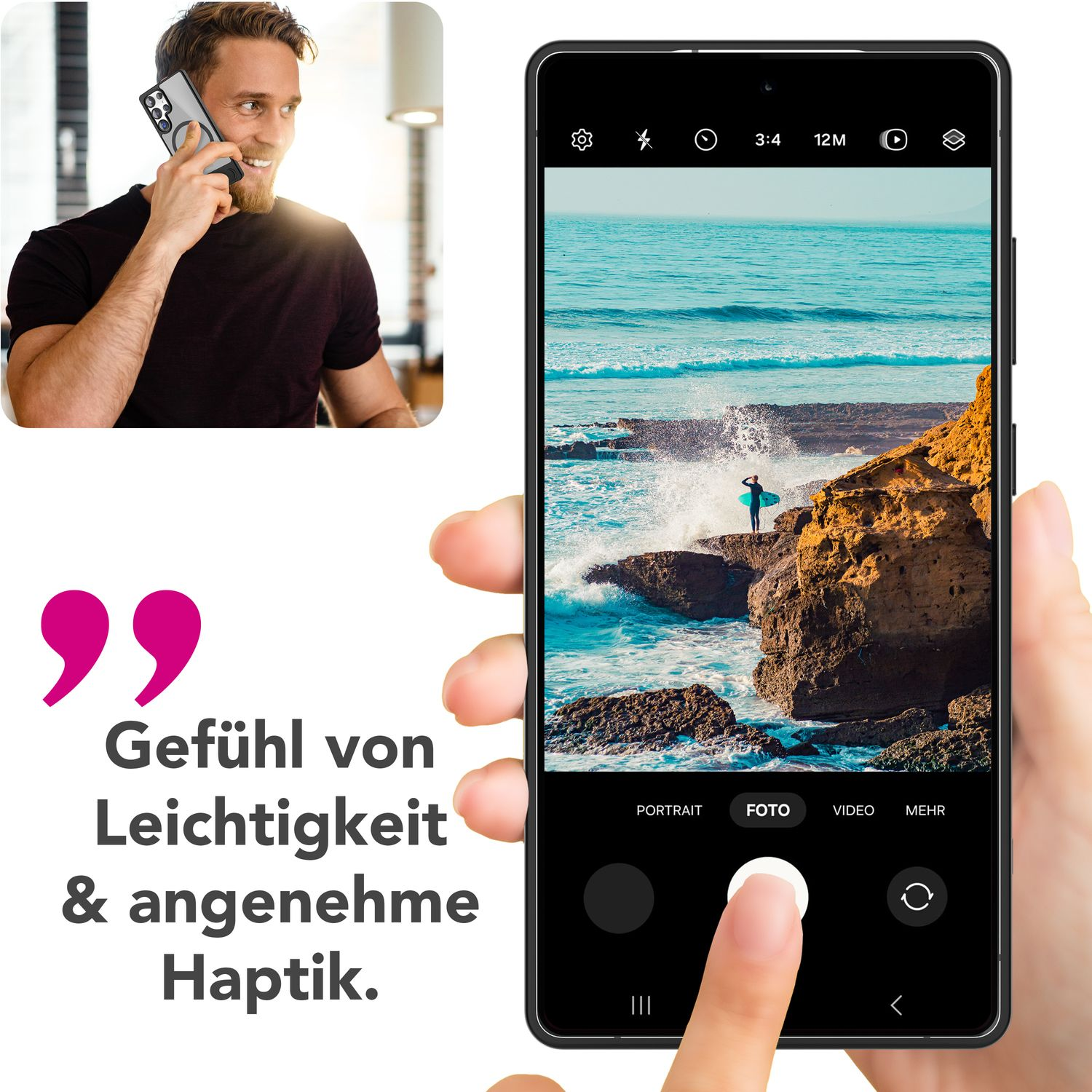 Person nutzt Telefon mit Foto auf dem Bildschirm, Mann telefoniert in der Ecke.