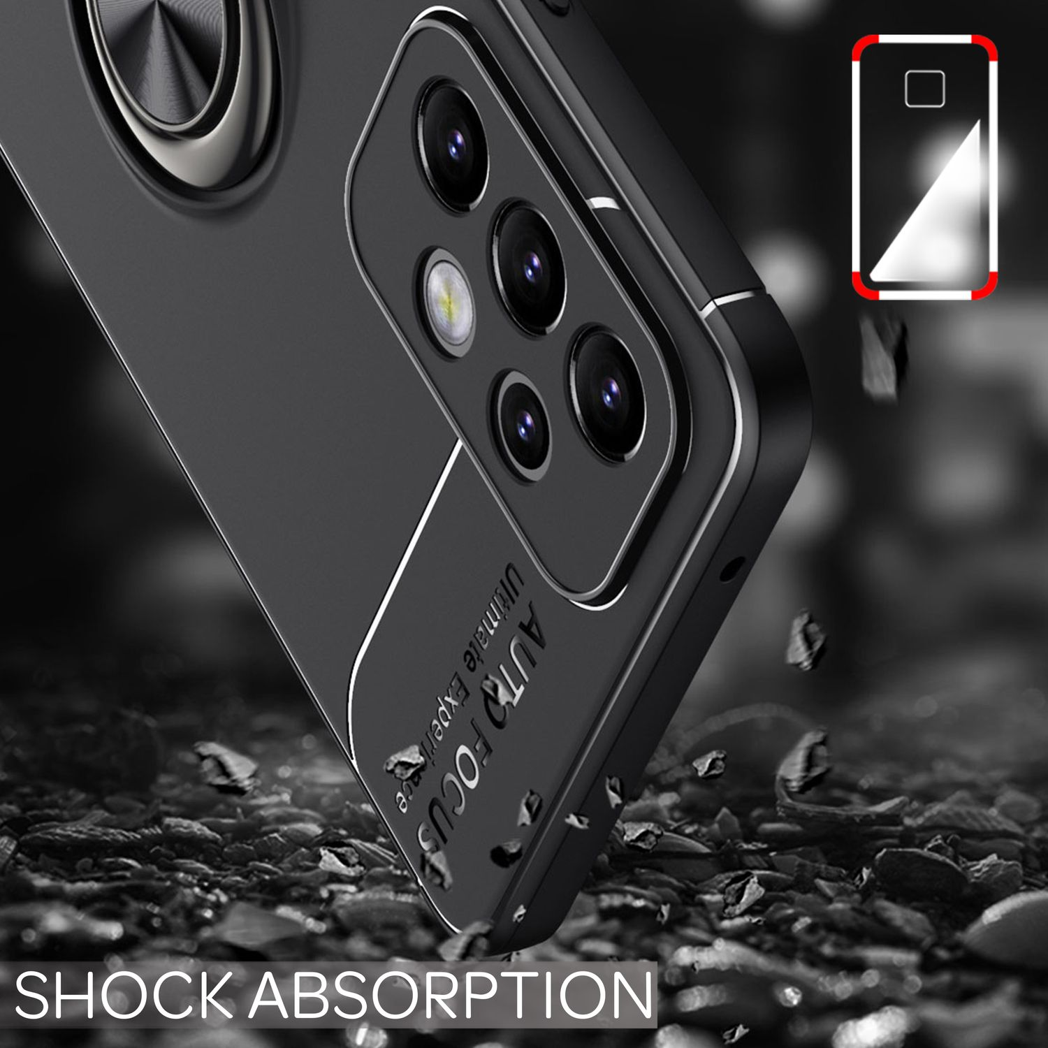 Custodia per telefono nera con supporto ad anello e ritagli per fotocamera. Sfondo scuro con detriti sparsi.