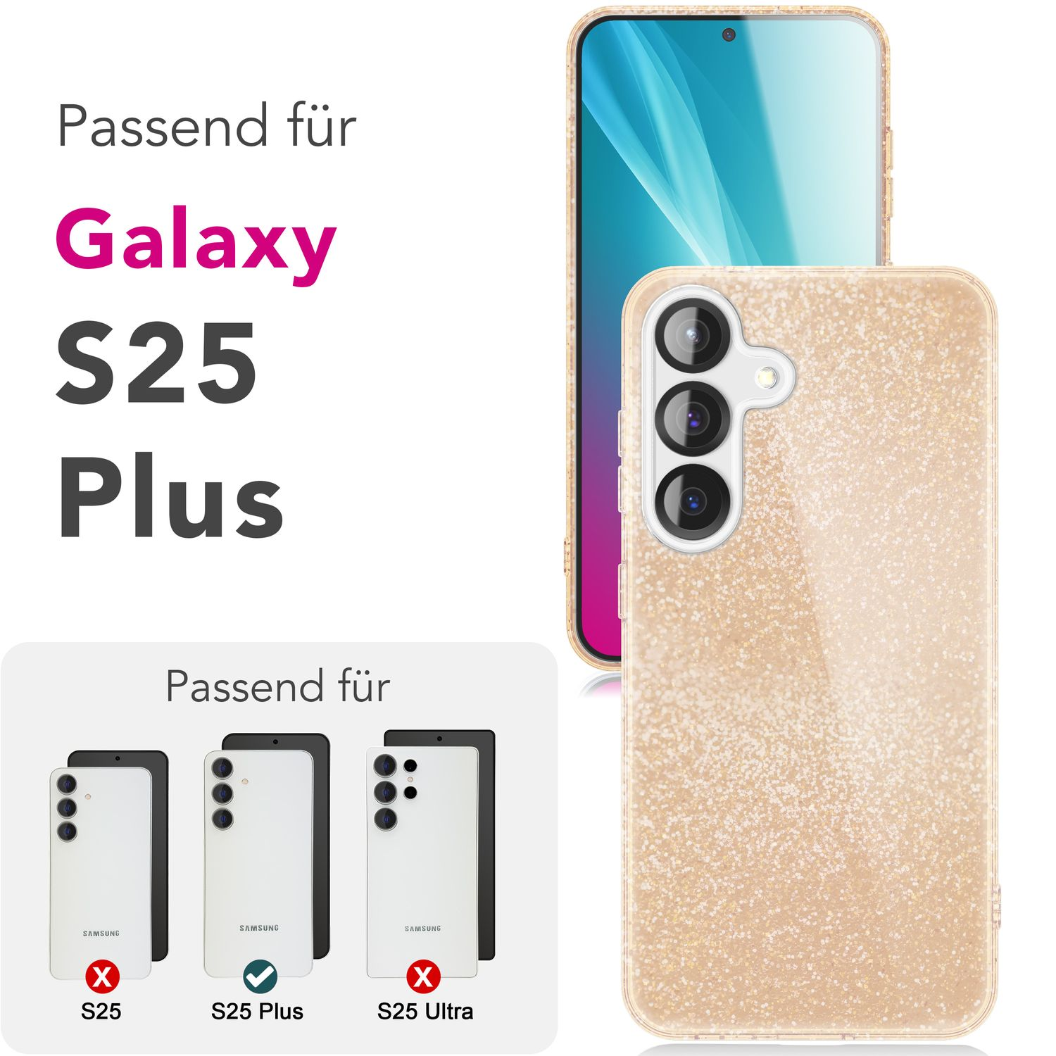 Eine goldene, glitzernde Handyhülle mit drei Telefonmodellen.