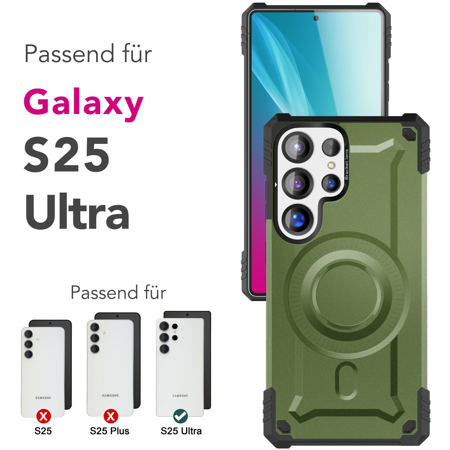 Handyhülle für Galaxy S25 Ultra. Zeigt Telefon und Hüllen mit S25, S25 Plus und S25 Ultra Kompatibilität.