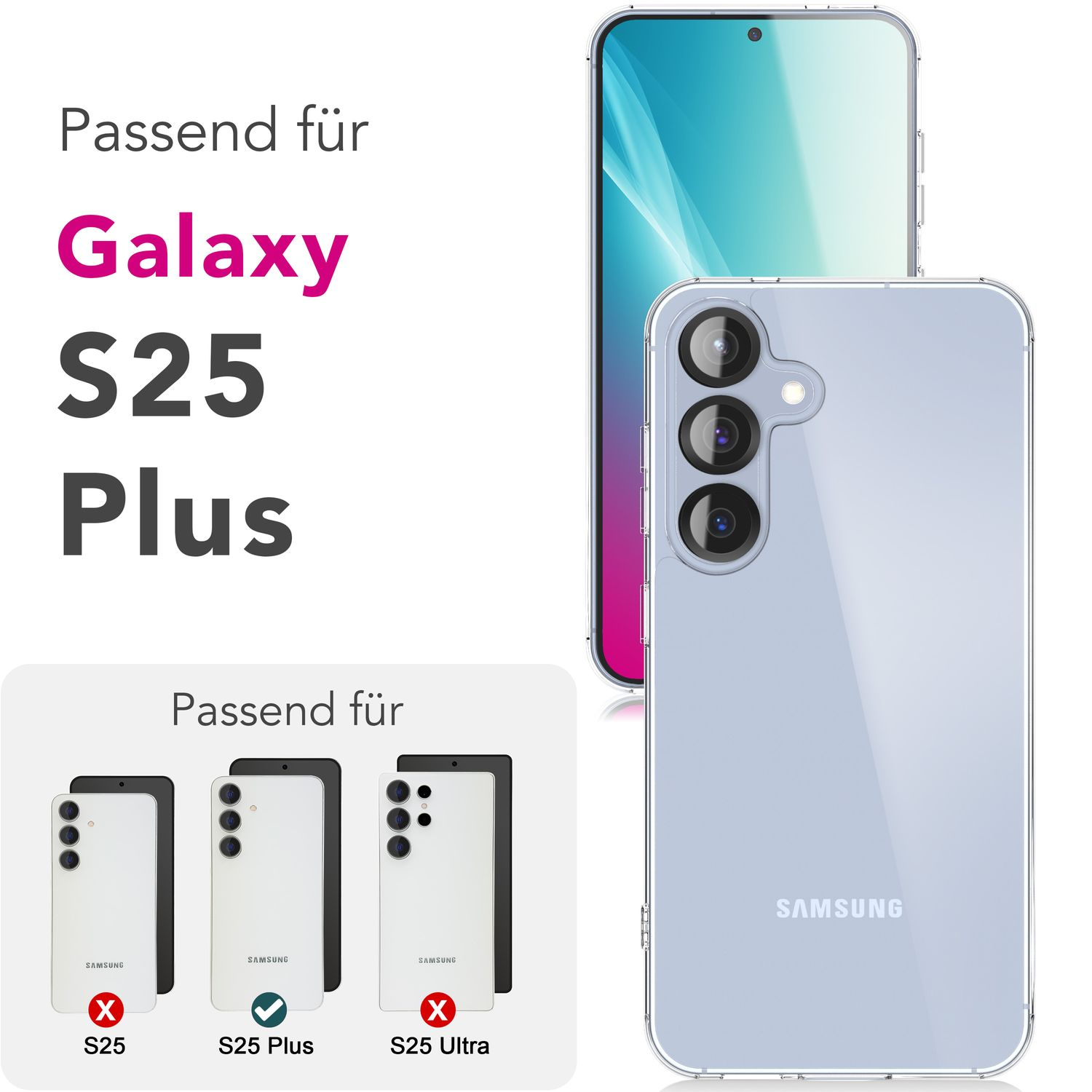 Handyhülle und ein Telefon mit dem Text 'Galaxy S25 Plus' oben. Zusätzliche Telefone werden gezeigt.