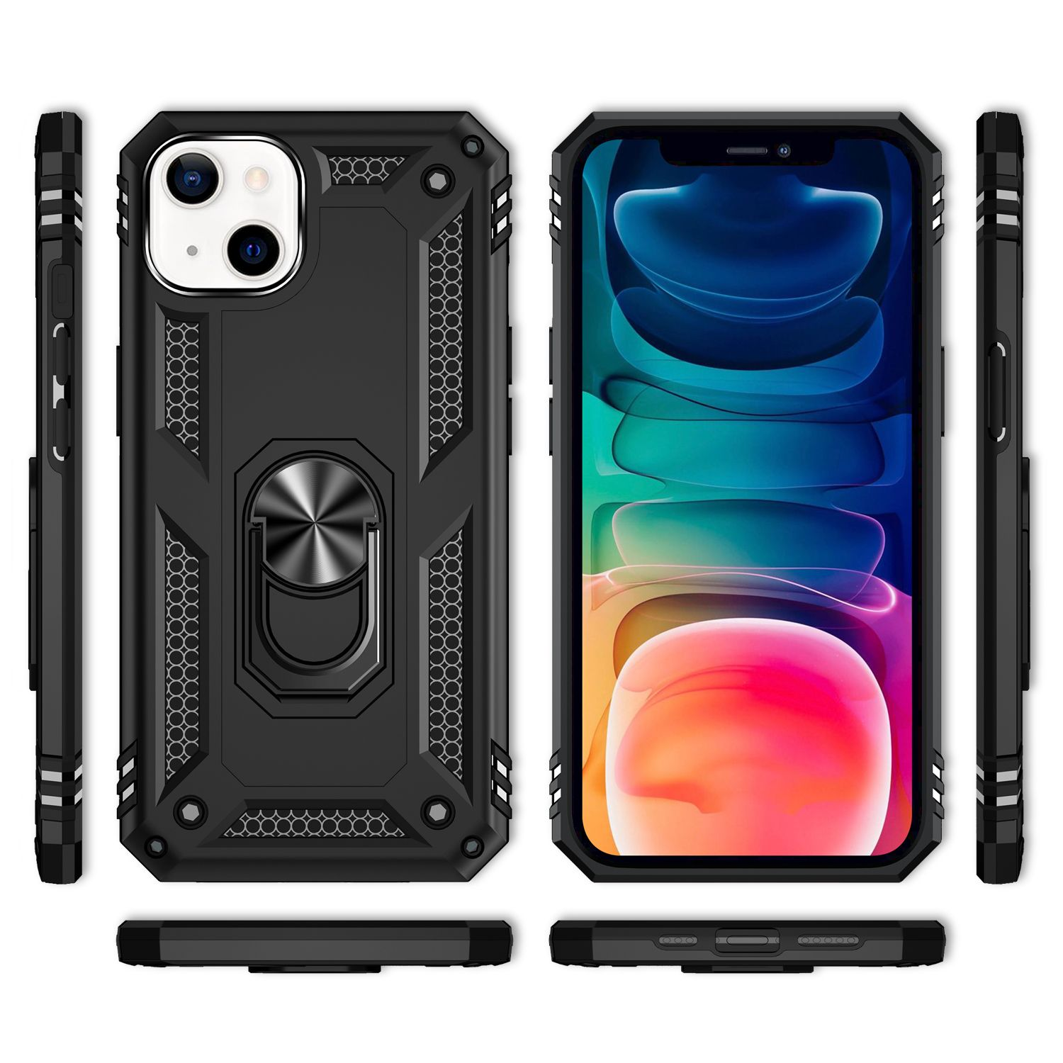 Visualizzazioni multiple di una custodia per telefono nera con un supporto ad anello. Mostra profili anteriori, posteriori e laterali.